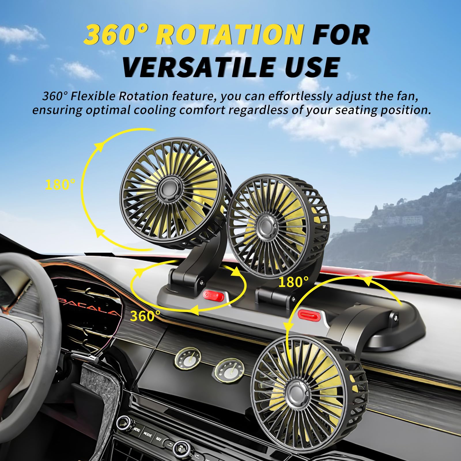 Portable 3-Head Car Cooling Fan - 2-Speed Adjustable, 360° Rotating, Cigarette Lighter Plug, Powerful Airflow for Vehicles, RVs, and SUVs