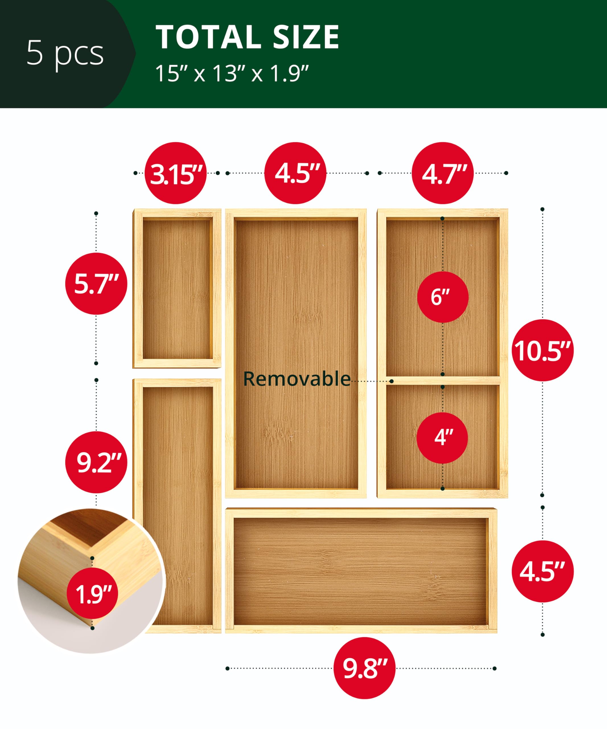 ROYAL CRAFT WOOD 5-Piece Bamboo Drawer Organizer Set – Multi-Use Storage Trays for Kitchen, Bathroom, Office, Makeup, Jewelry & More – Junk Drawer Tray, Utensil Holder, Storage Box & Bin Set (5 Boxes)