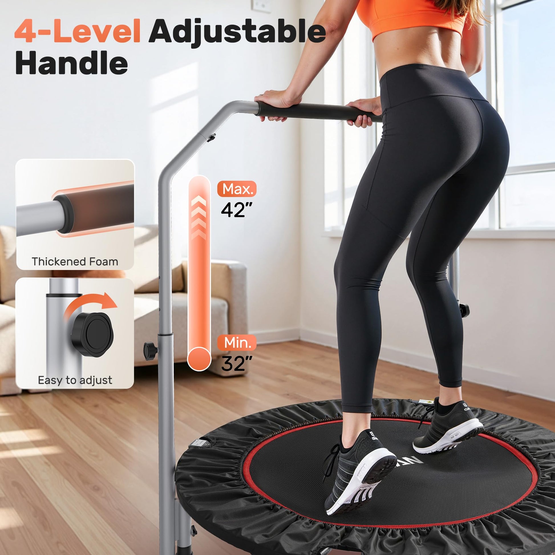 BCAN 40/48" Foldable Mini Trampoline Max Load 330lbs/440lbs, Fitness Rebounder with Adjustable Foam Handle, Exercise Trampoline for Adults Indoor/Garden Workout, Black