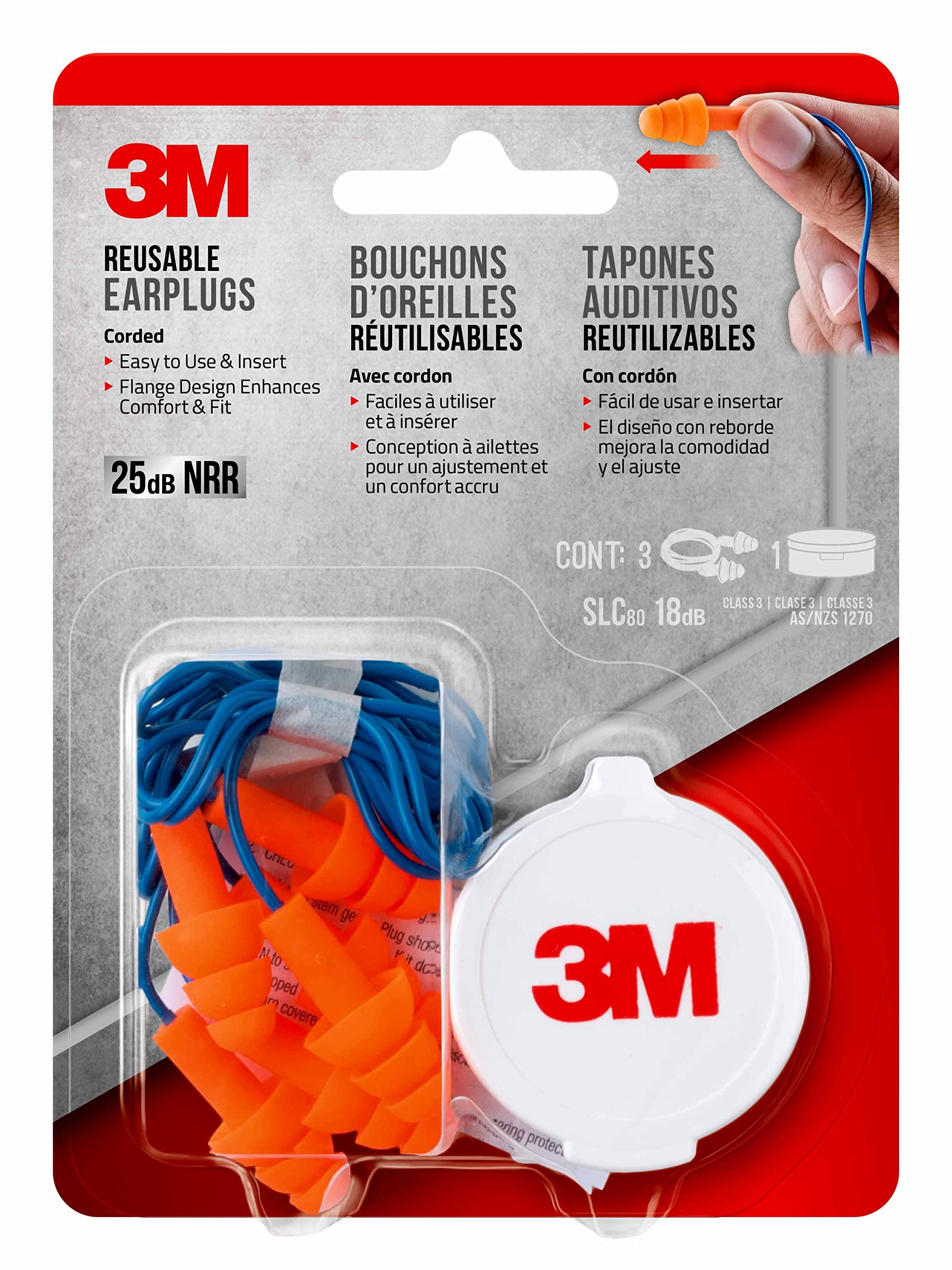 3M Corded Reusable Earplugs, 3 Pack, Noise Reduction Rating (NRR) 25 dB, Easy To Use & Insert, Pliable & Tri-Flange Design Enhances Comfort & Fit, Orange Ear Plugs (90716H3-DC)