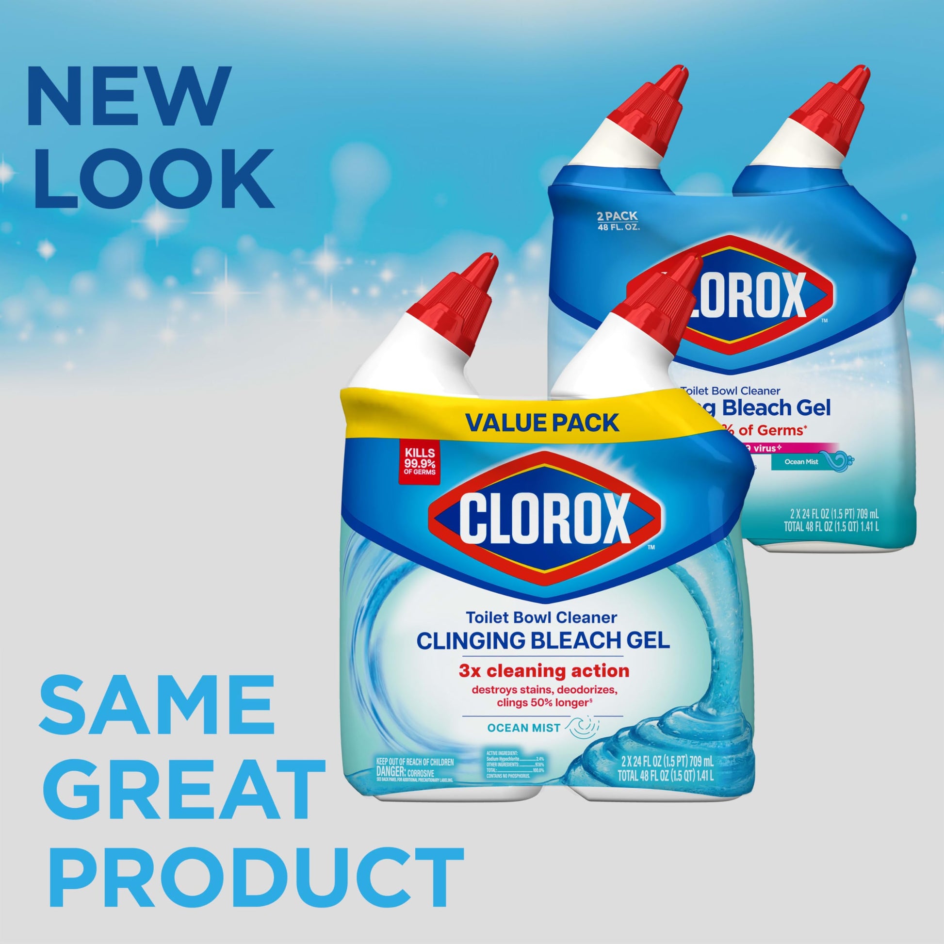 CLOROX Toilet Bowl Cleaner Clinging Bleach Gel, Ocean Mist, 24 Fl Oz, Pack of 2 (Package May Vary)