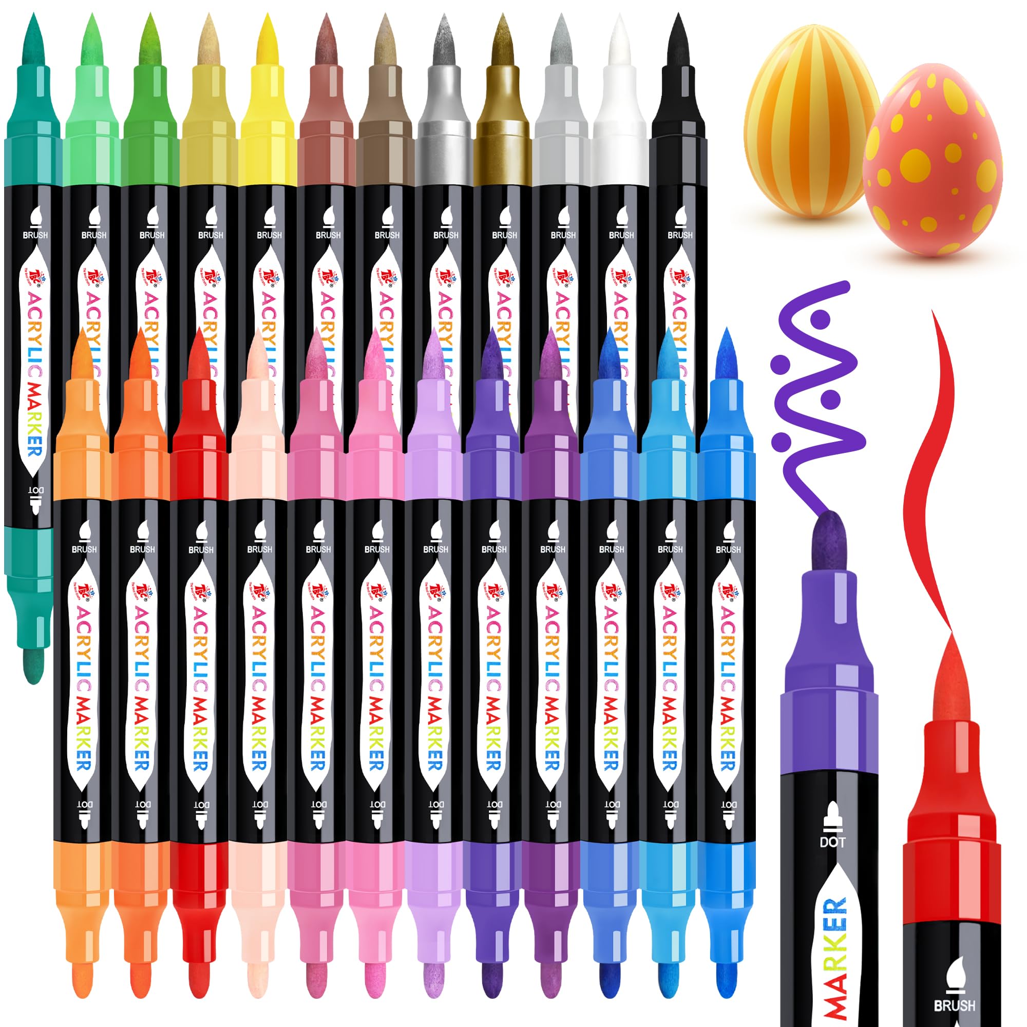 TBC The Best Crafts 24 Farben Dual Tip Acrylfarben-Marker, wasserfest, ungiftig, geruchlos, geeignet für Papier, Keramik, Steine, Rucksäcke, Glas