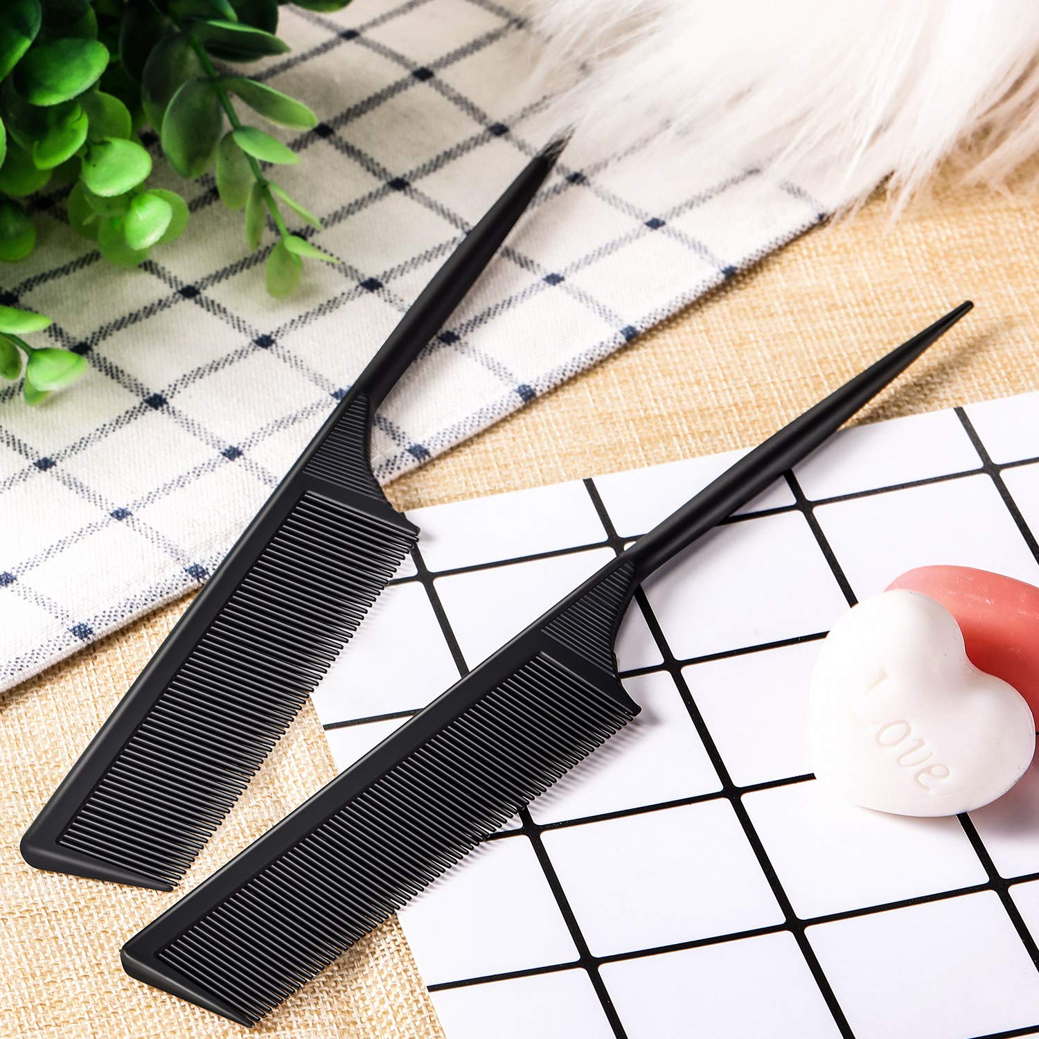 2 Pack Rat Tail Combs for Women Fine Tooth Comb Parting Tip Carbon Fiber Root Teasing Anti Static Heat Resistant Adding Volume Evening Hair Styling