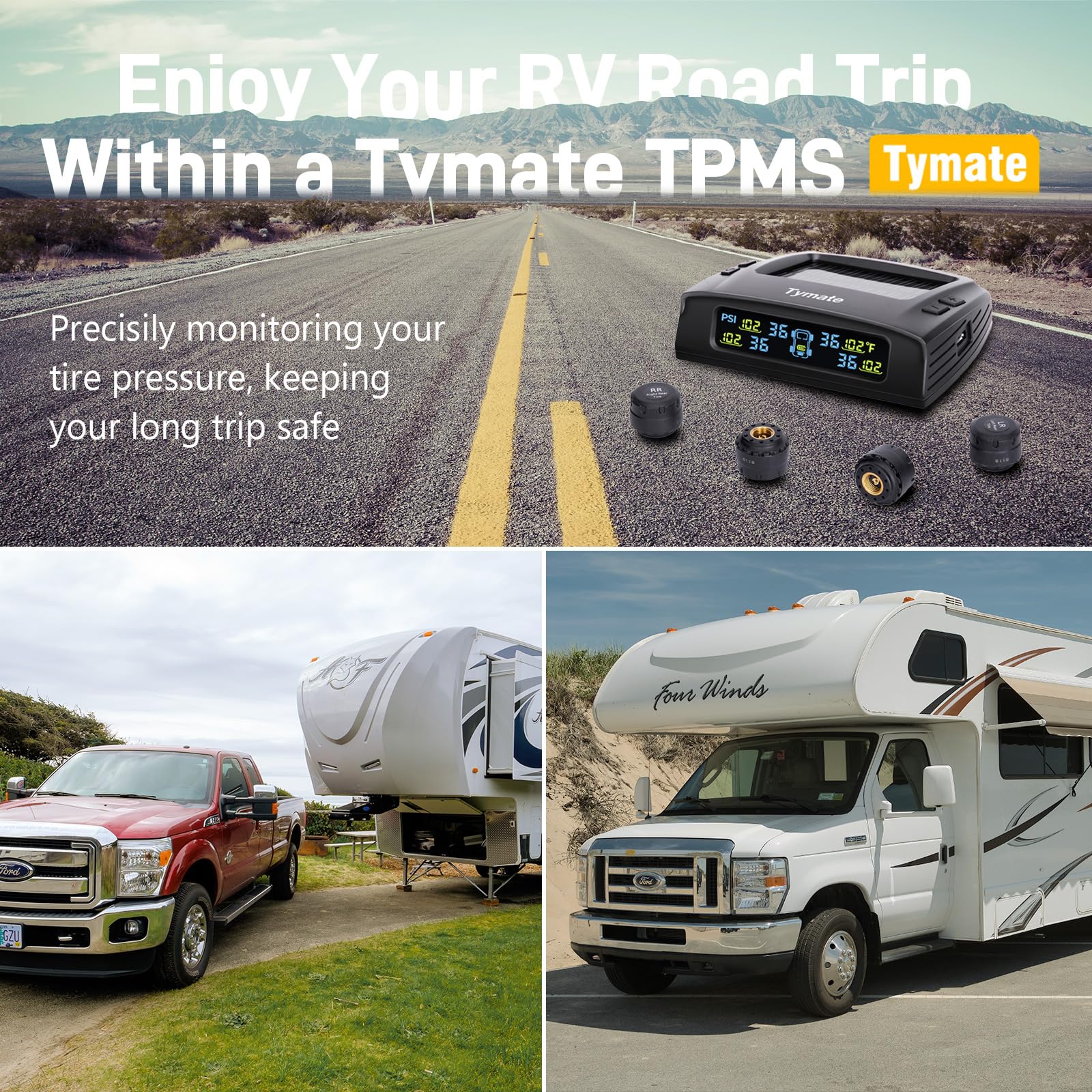 Tymate TM2 RV Tire Pressure Monitoring System, Tire Pressure Monitor with Solar Charge, TPMS with 4 Sensors(Max. 10) & 6 Alarm Modes, New Updated w/Color LCD Display, 0-87PSI for RV/Trailer/Truck/SUV