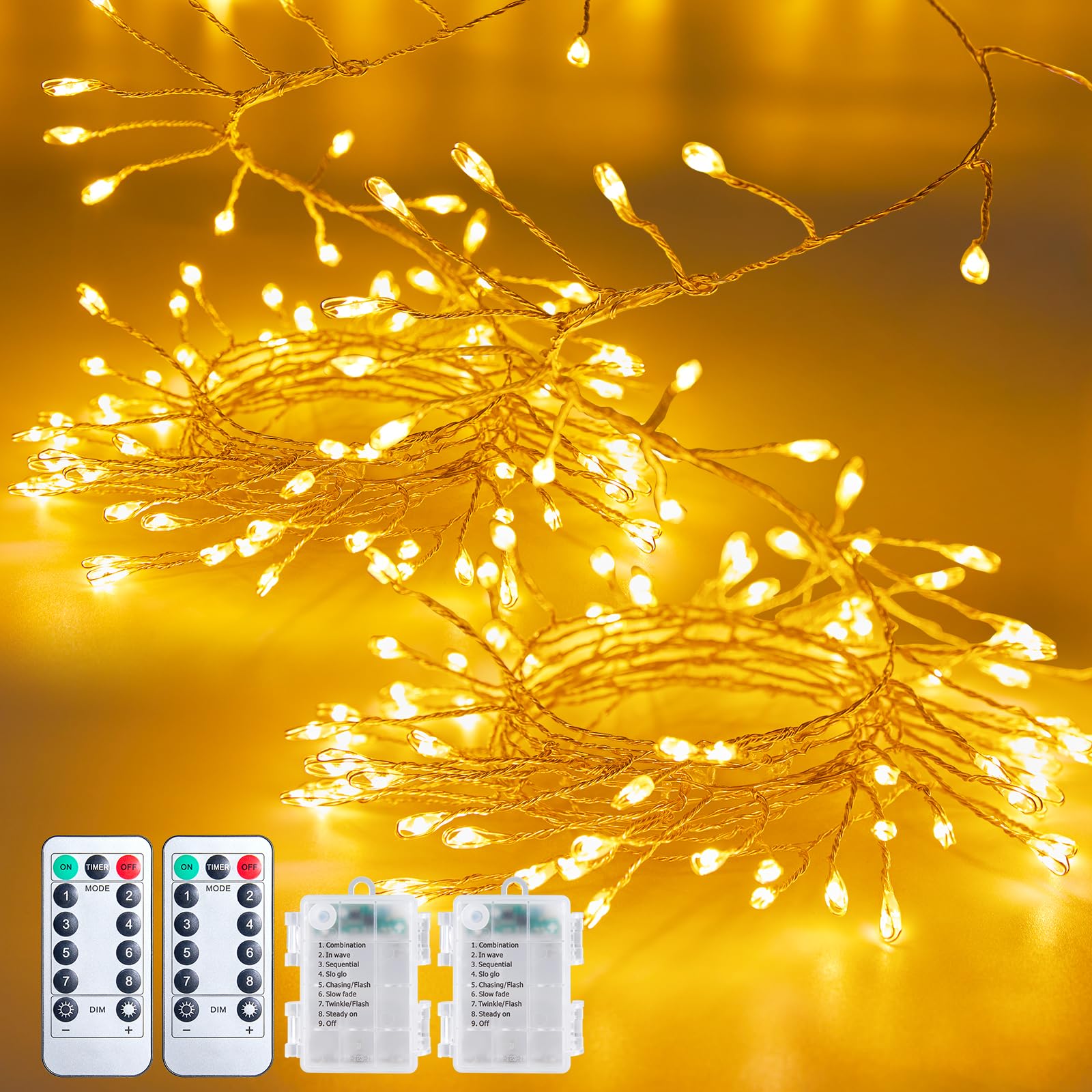 10Feet Battery Operated Fairy Lights, 120LEDs Firecracker String Lights Waterproof Silver Wire Starry Firefly Lights for DIY Wreath Home Weeding Indoor Outdoor Christmas Decorations, Warm White