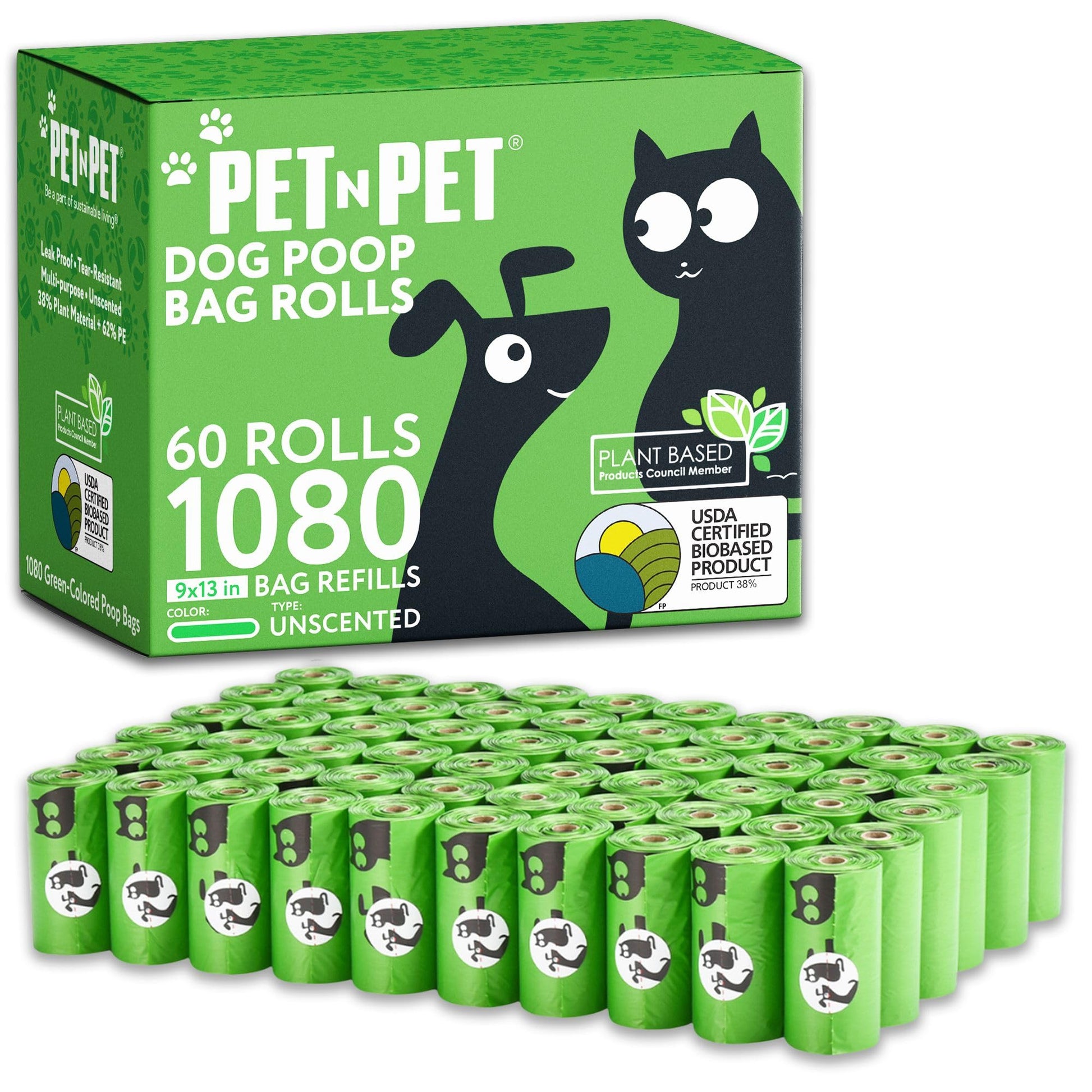 Pet N Pet 1080 Counts Black Poop Bags for Dogs, 38% Plant Based & 62% PE Extra Thick Dog Poop Bags Rolls, 9" x 13" Unscented Dog Bags for Poop, Doggie Poop Bags, Cat Poop Bags, Pet Waste Bags