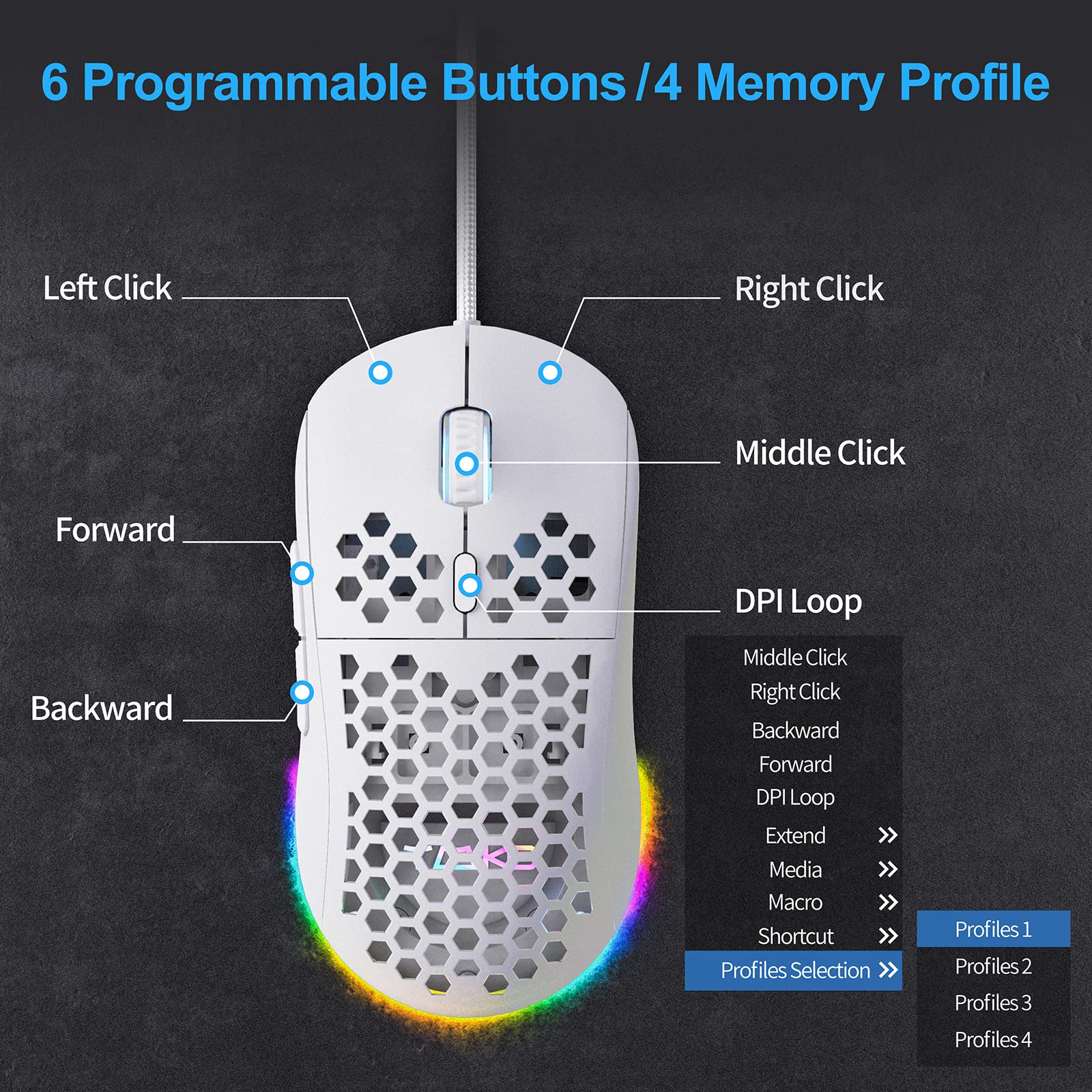 TMKB Falcon M1SE Ultralight Honeycomb Gaming Mouse, High-Precision 12800DPI Optical Sensor, 6 Programmable Buttons, Customizable RGB, Drag-Free Paracord, Ergonomic, Wired - Matte White