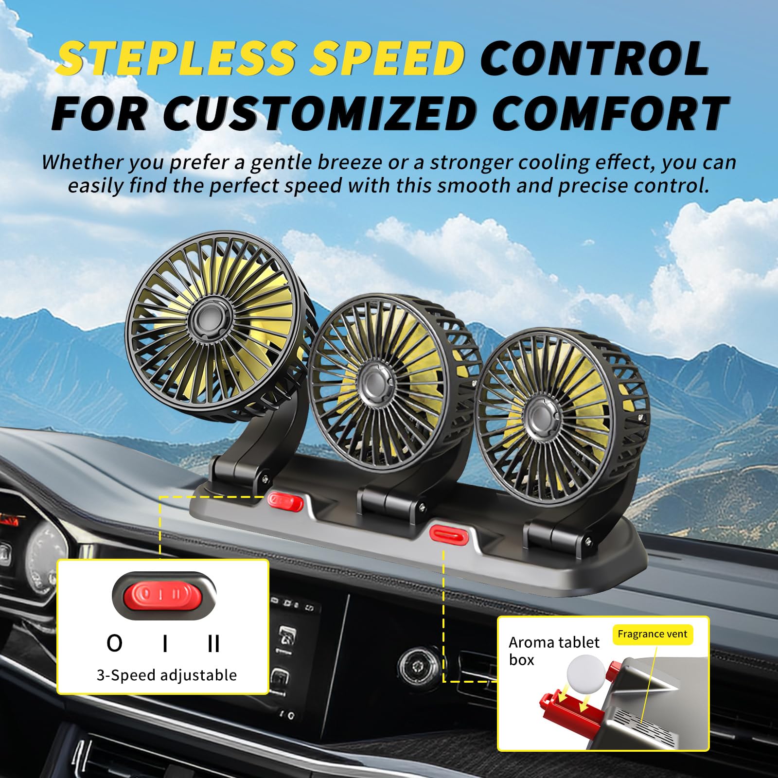 Portable 3-Head Car Cooling Fan - 2-Speed Adjustable, 360° Rotating, Cigarette Lighter Plug, Powerful Airflow for Vehicles, RVs, and SUVs