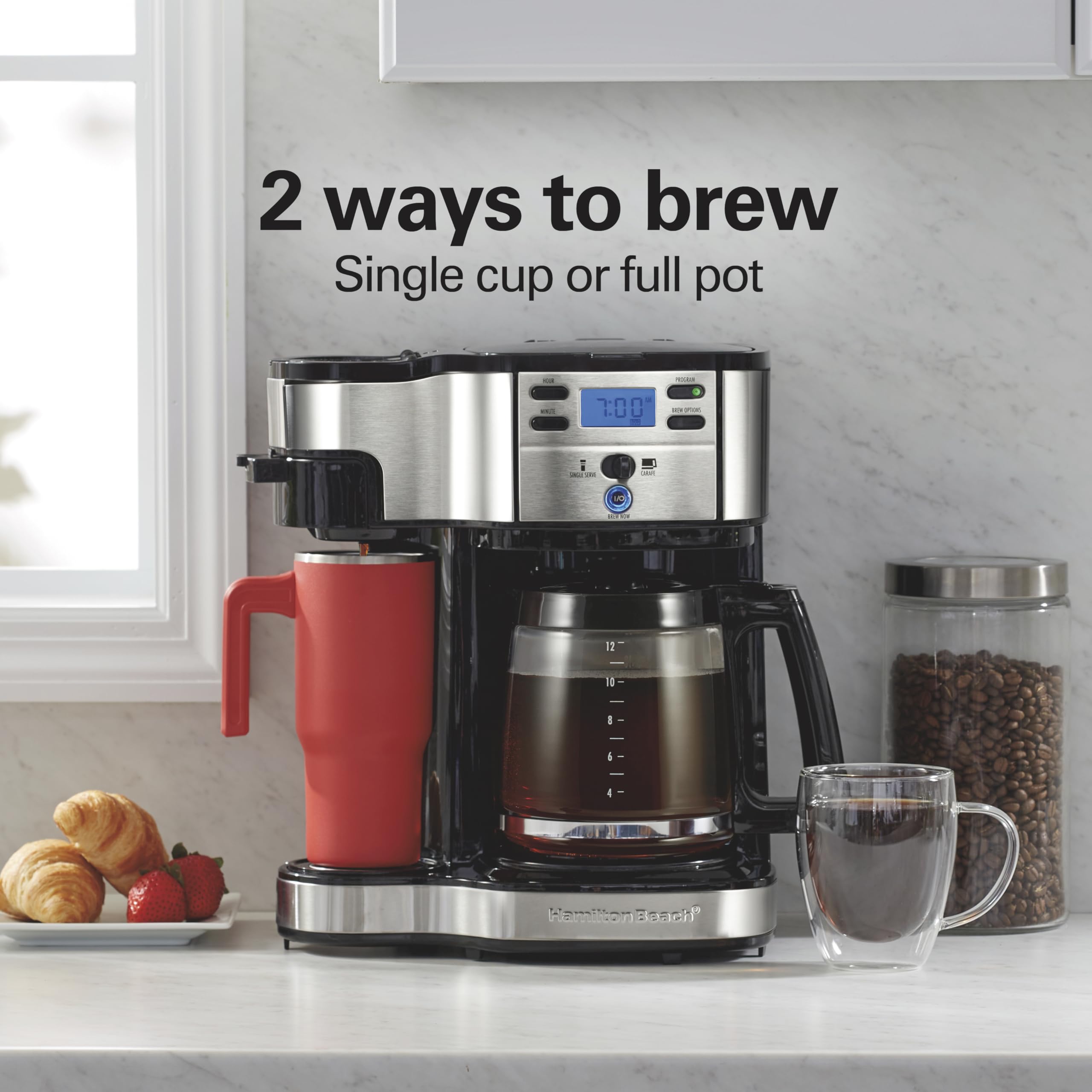 Hamilton Beach 2-Way 12 Cup Programmable Drip Coffee Maker & Single Serve Machine, Glass Carafe, Auto Pause and Pour, Black (49980R)