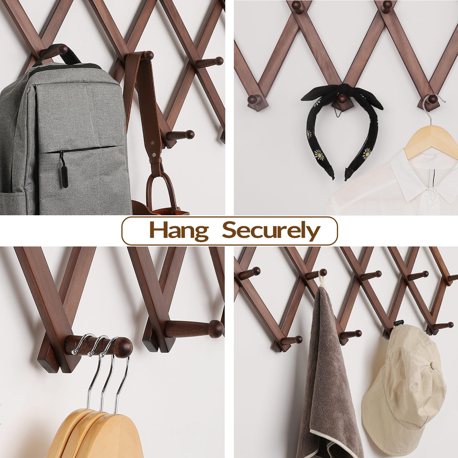 SCUNDA Hat Rack for Wall, Expandable Wall Hat Holder with 16 Hooks, 16 inch Wooden Wall Hook for Baseball Caps,Cowboy, Bag,Hoodie(Brown)