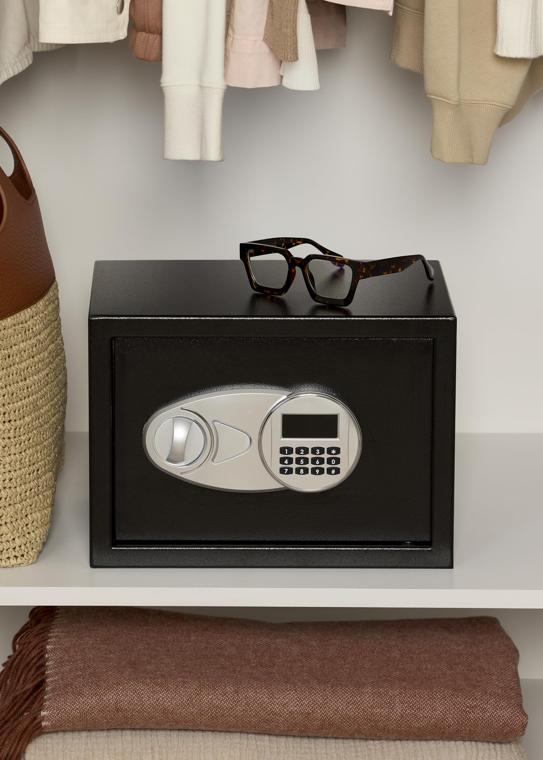 Amazon Basics Steel Security Safe and Lock Box with Electronic Keypad, for Cash, Jewelry, Documents, Black, 0.5 Cubic Feet, 13.8" W x 9.8" D x 9.8" H