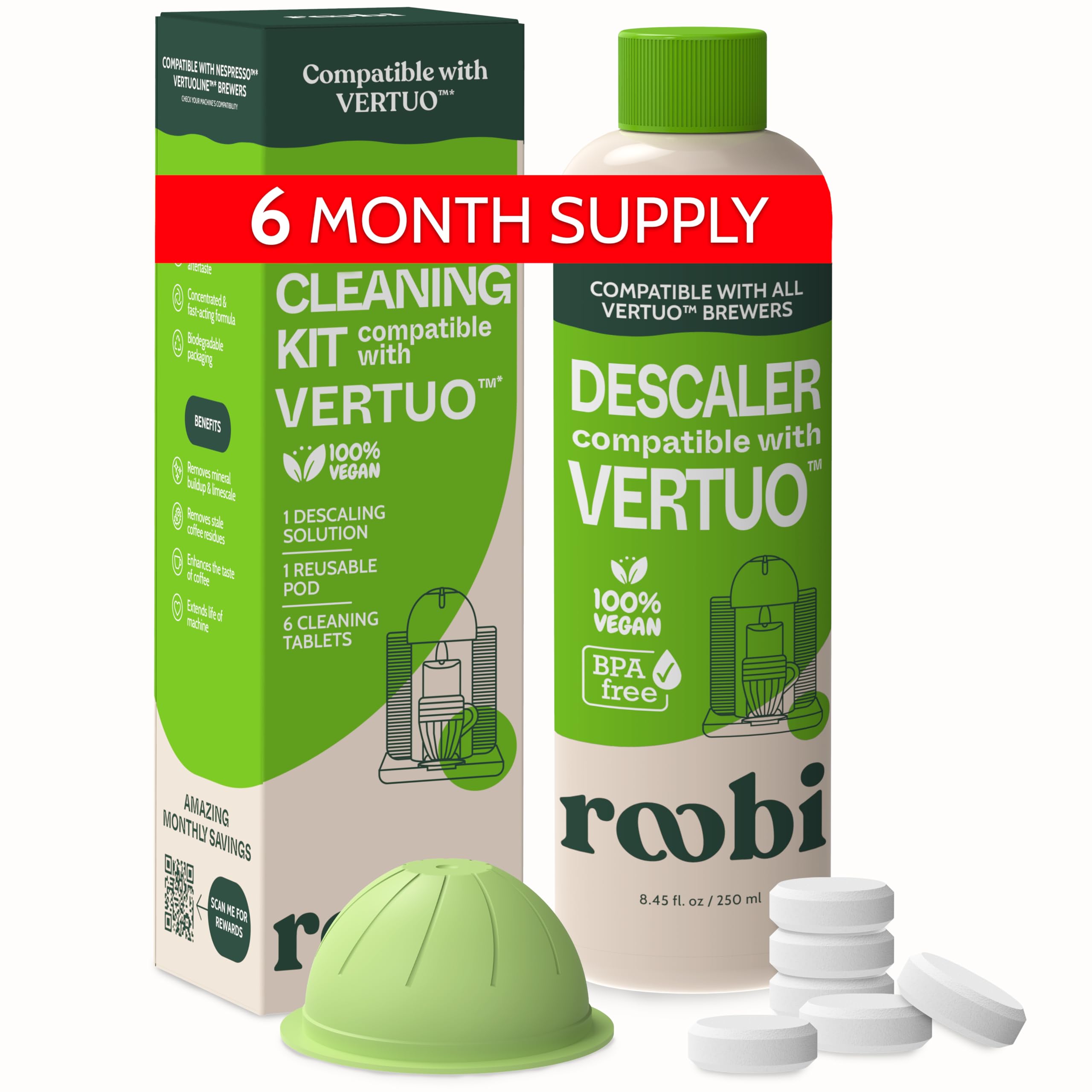 Nespresso Compatible Vertuo Cleaning & Descaling Kit. Includes 1 Bottle of Descaling Solution, 6 Cleaning Tablets and 1 Reusable Pod. Carbon Neutral Vertuoline Maintenance Kit. 6 Month Supply.