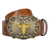 Mawjom Western Cowboy PU Leather Belt - Men Waist Strap Bull Decoration Floral Engraved for Jeans 25" to 38" Waist