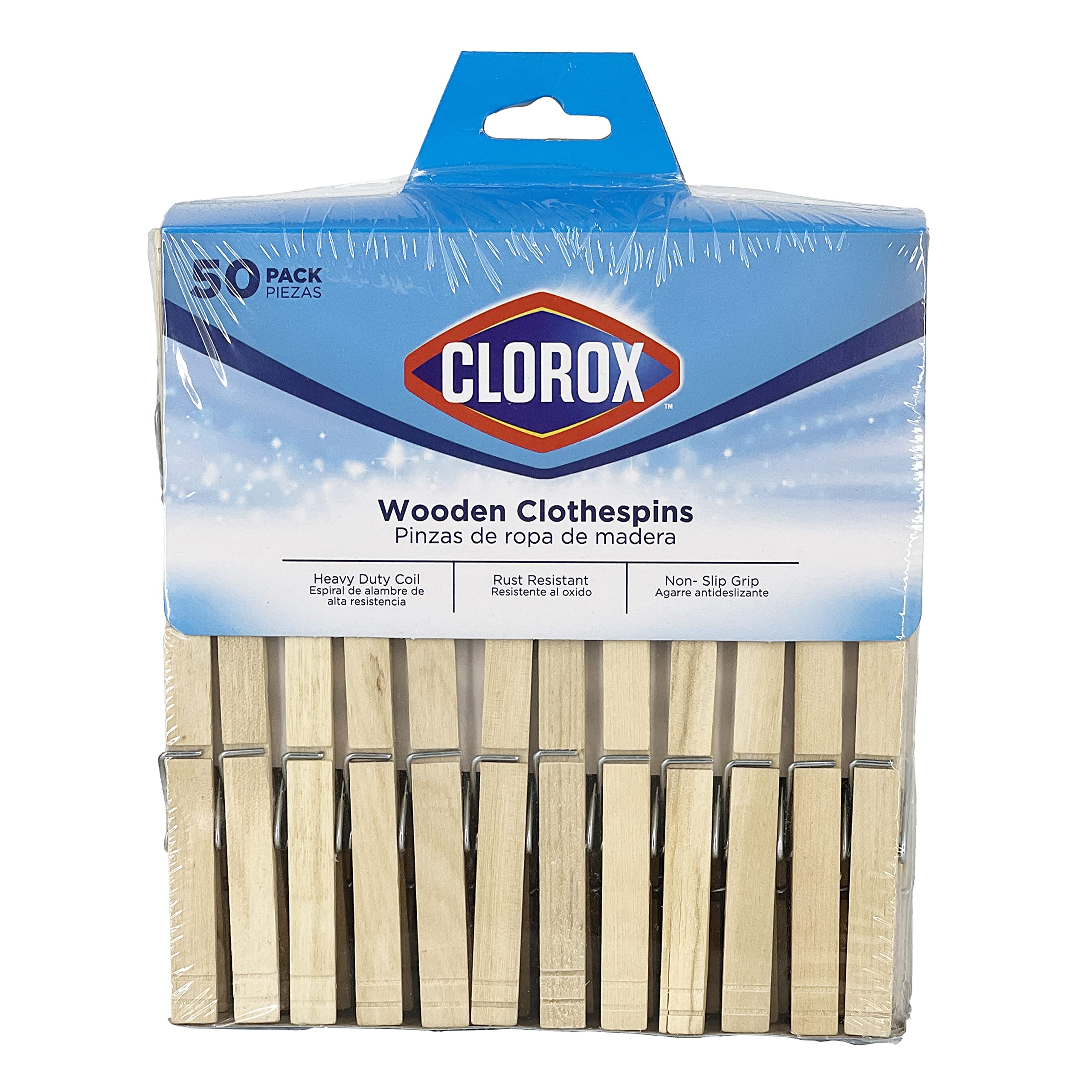 Clorox Wood Clothespins with Spring - Value Pack of 50 Clips, Rust Resistant with Heavy-Duty Coil for Line Drying Laundry, Chip Bags, and Crafts