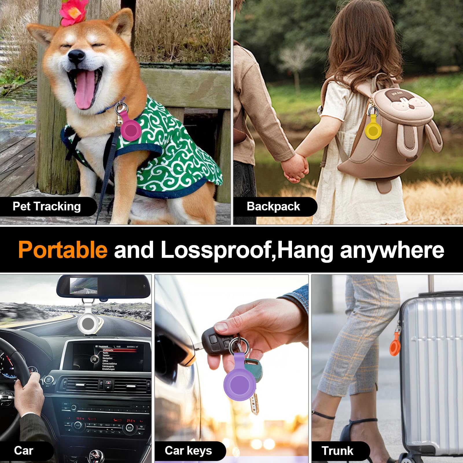 4Pack,Compatible with Airtag Holder Case with Keychain IPX8 Waterproof,Shockproof GPS Tag Tracker Cover [Anti-Scratch] [PC+Silicone] for Item Finders Case for Pets,Kids,Luggages-Black/Blue/Green/Red