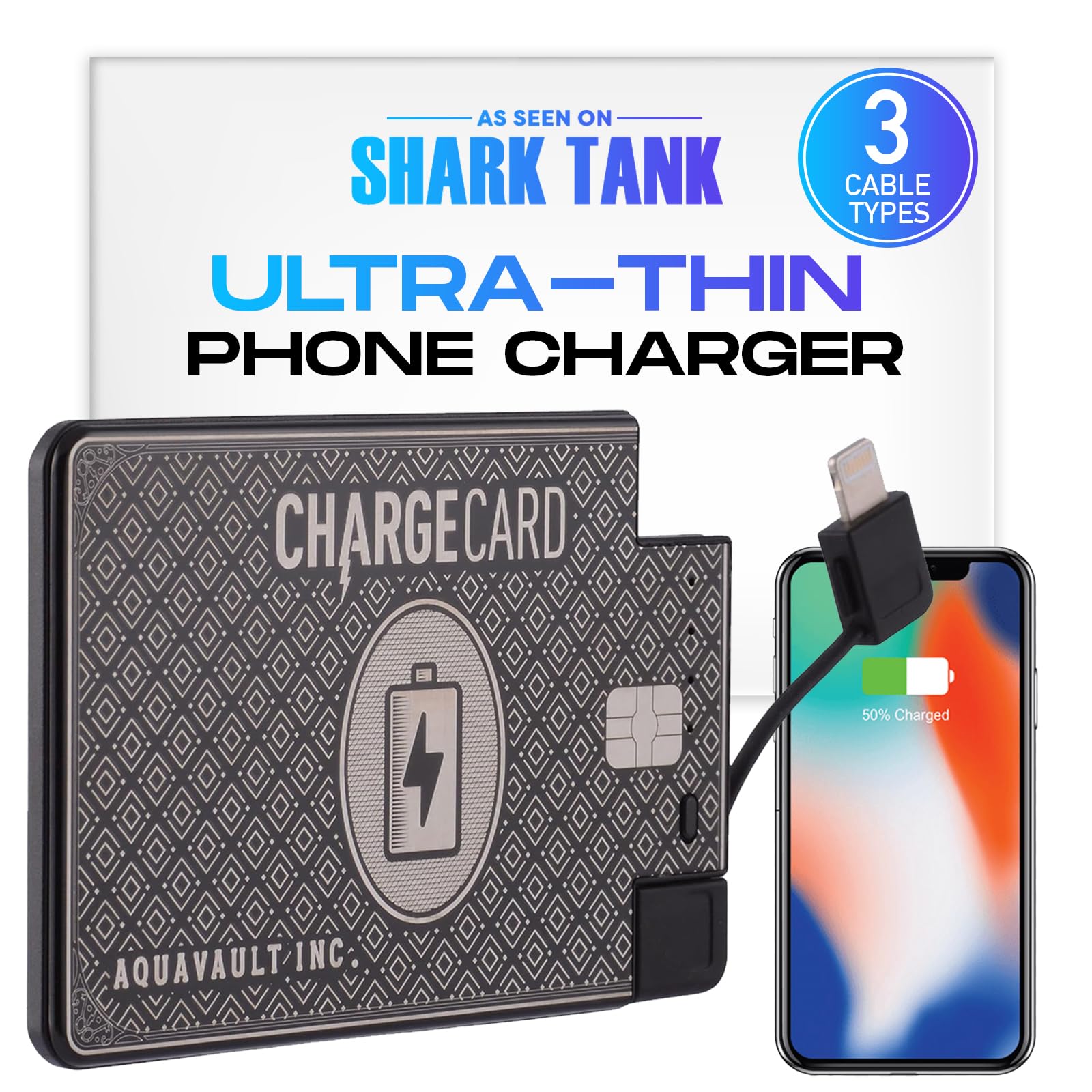Ultra Thin Emergency Phone Charger. Portable Power Bank that Fits in Your Wallet. Works with All Phones. 2300mAh &1.5A Fast Charge. Built in Cables (Lightning, USB-C, Micro USB) - ChargeCard BLACK