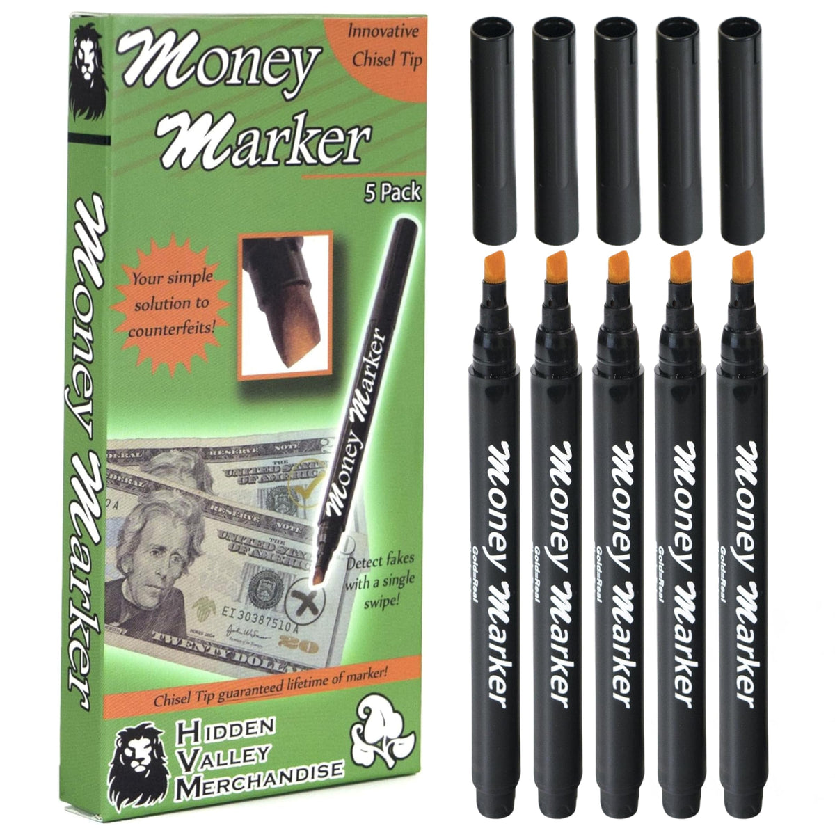 HVM Counterfeit Money Detector Pen (5 Counterfeit Pens) - Money Marker Bill Detector Pen with Upgraded Chisel Tip - Detect Fake Bills, Universal False Currency Checker Pack