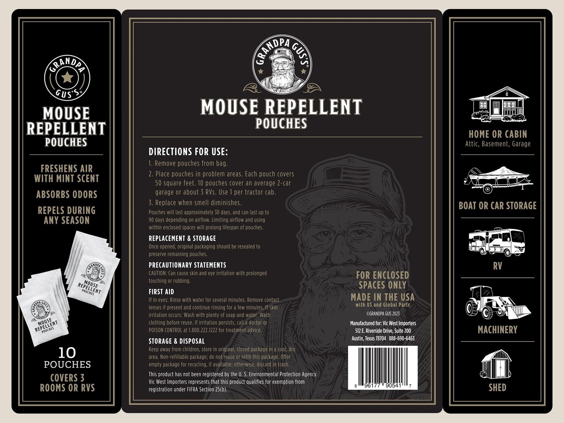 Grandpa Gus's Extra-Strength Mouse Repellent Pouches, Cinnamon/Peppermint Oils Repel Mice from Nesting & Freshen Air in Car/RV/Boat/Garage/Shed/Cabin, 1.75 oz (Pack of 10)