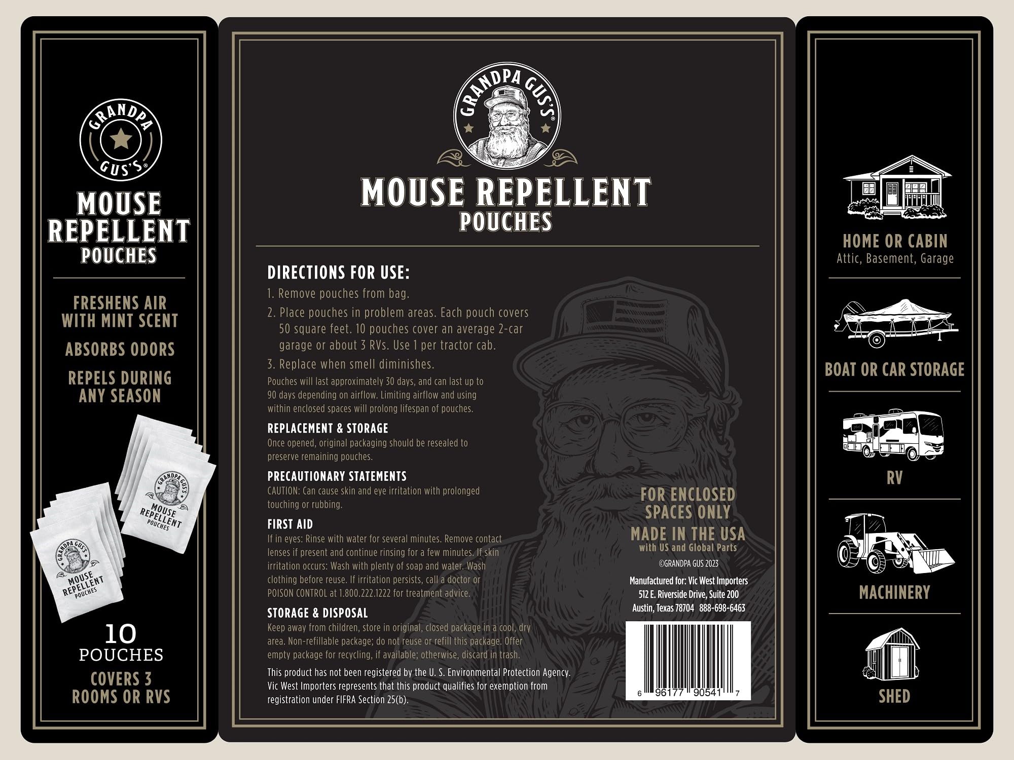 Grandpa Gus's Extra-Strength Mouse Repellent Pouches, Cinnamon/Peppermint Oils Repel Mice from Nesting & Freshen Air in Car/RV/Boat/Garage/Shed/Cabin, 1.75 oz (Pack of 10)