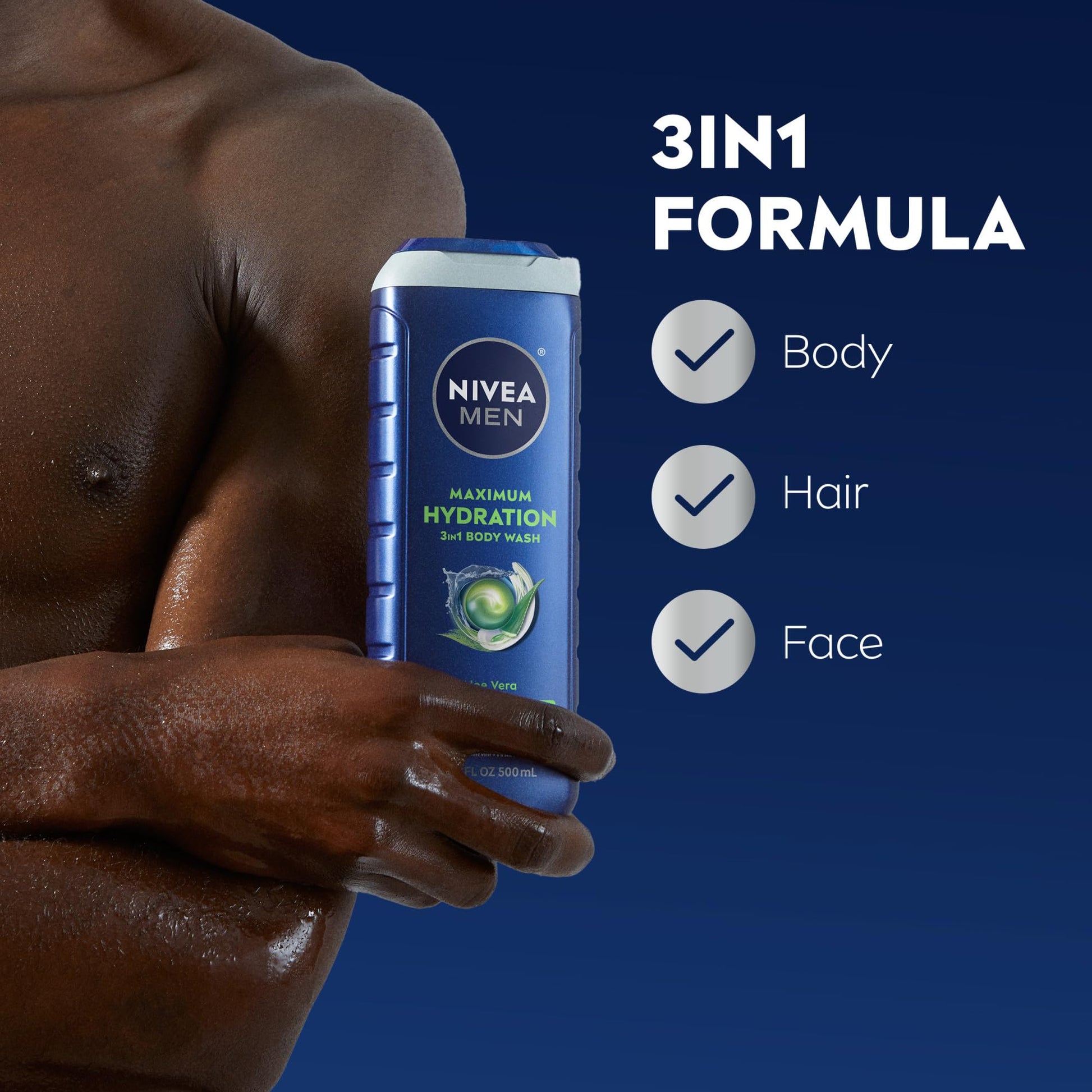 Nivea Men Maximum Hydration Body Wash for Dry Skin, Aloe Vera Enriched, 3-in-1 Moisturizing Body Wash, Face and Hair, Paraben Free, Vegan Formula, 16.9 Fl Oz Bottle, Pack of 3