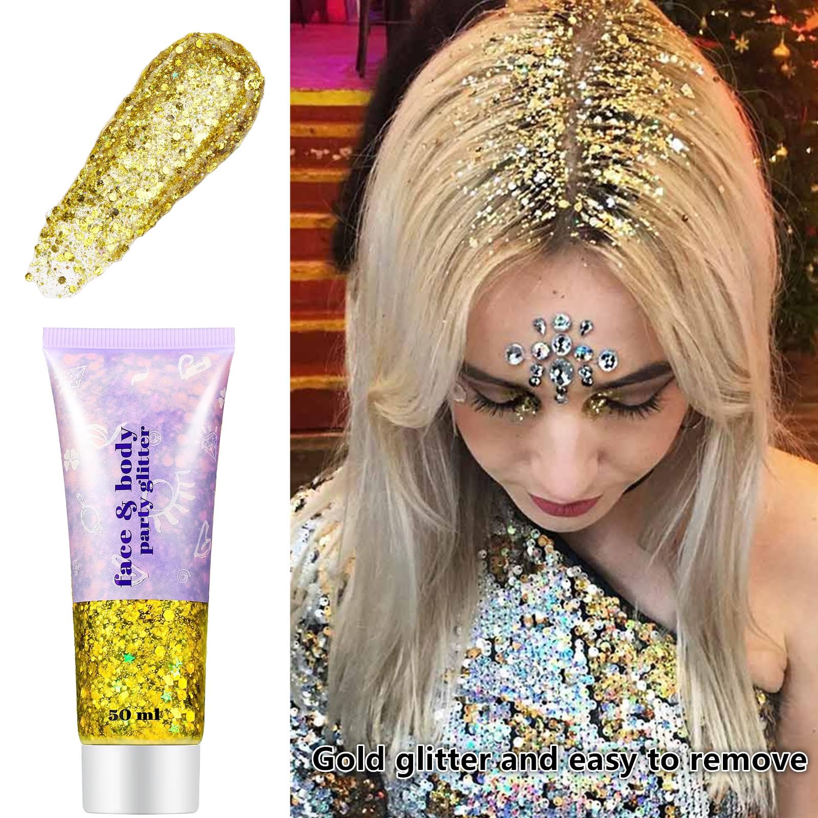 Go Ho Gold Face Body Glitter,Mardi Gras Glitter Makeup Gold Face Paint,Holographic Chunky Sequins Glitters for Eye Lip Hair Nails,Festival Rave Accessories,52g