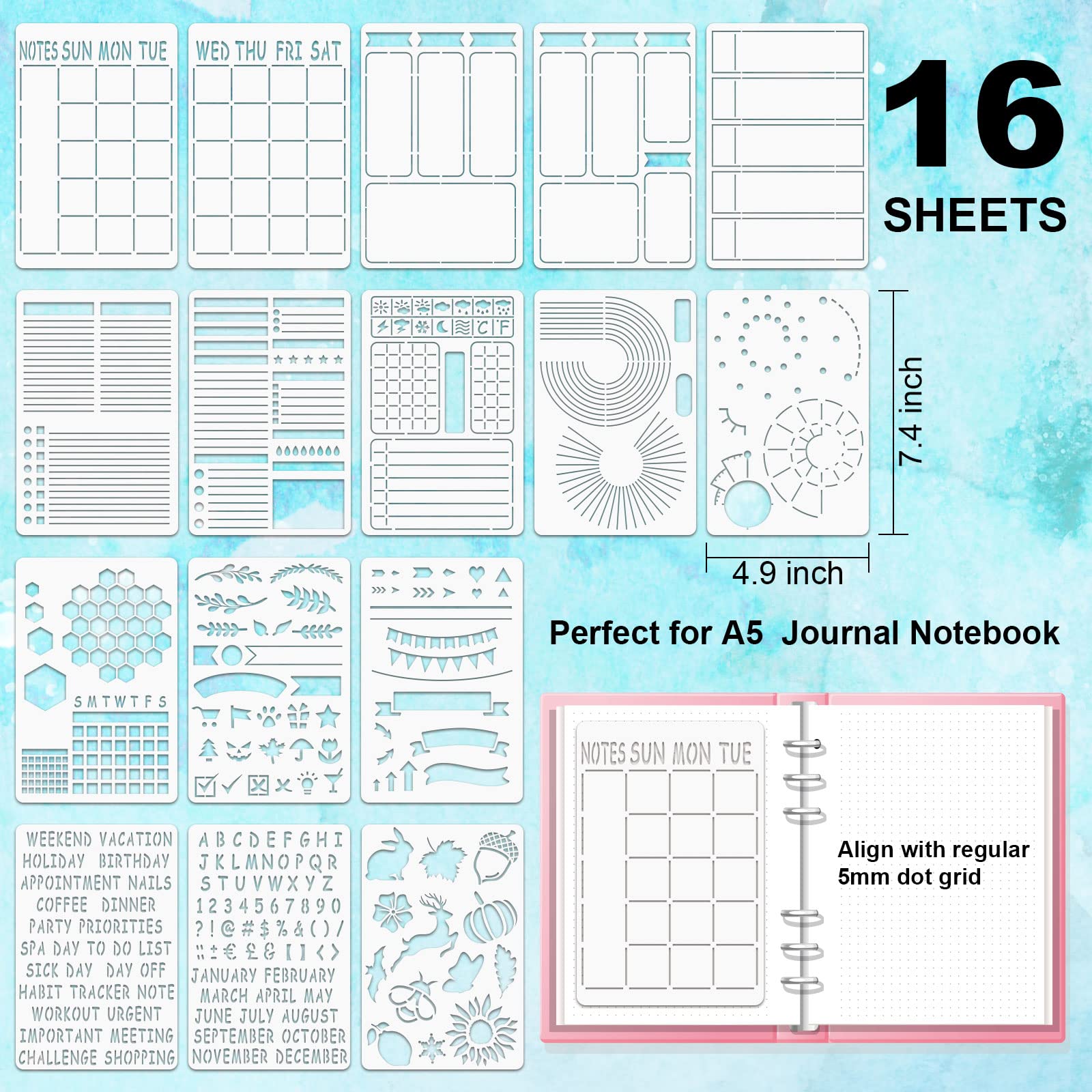 ALODNY 16 Pcs Journal Stencils Set - Time Saving Bullet Journaling Supplies/Accessories Kit -Ultimate Productivity Planner Stencil for Bullet Journal Stencils A5 Dotted Journals