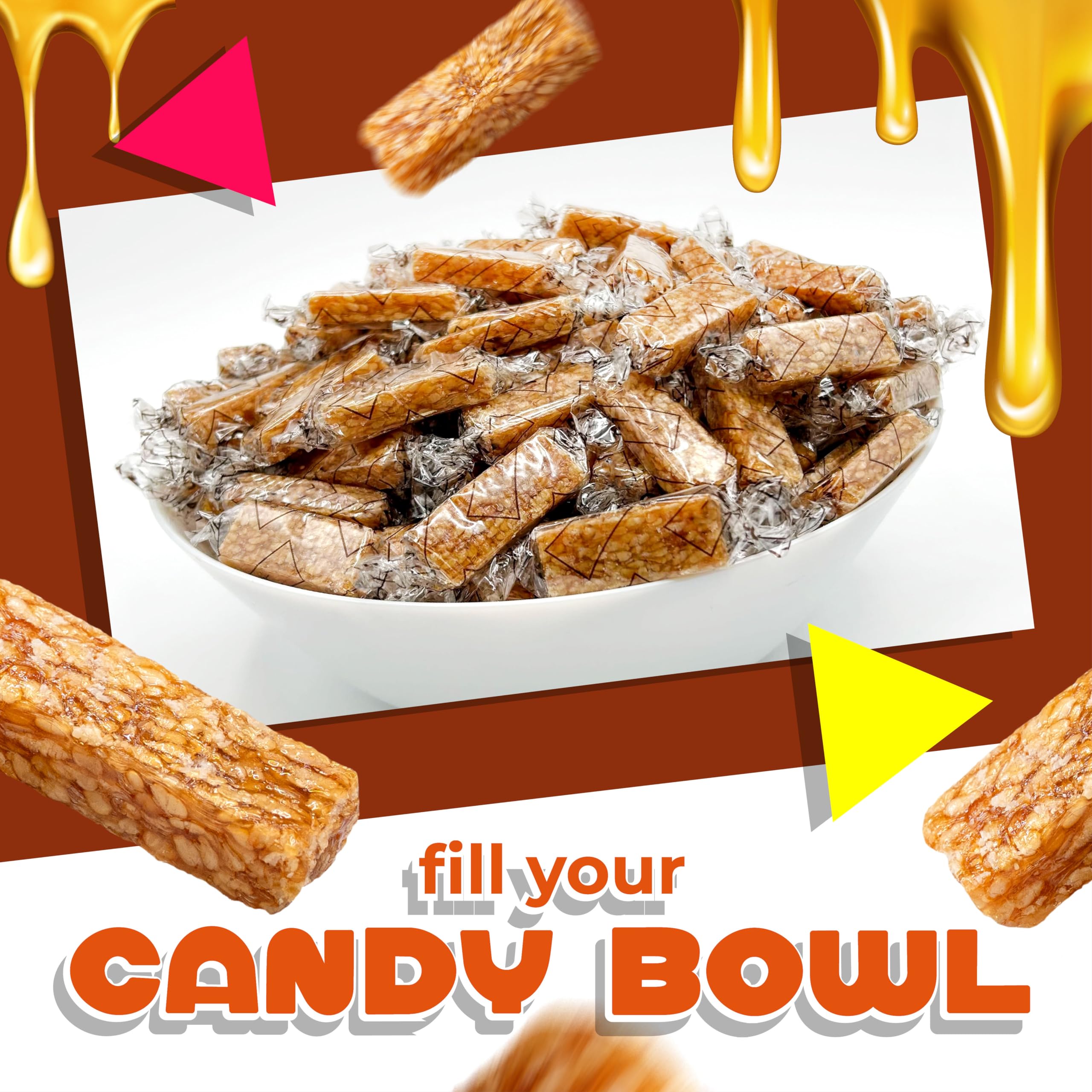 Sesame Honey Crunch Bars | 1 Pound Bag | Honey Roasted Sesame Seeds Candy | Individually Wrapped Snack Size Bars | Crunchy Sesame Candy for Office and Gifting