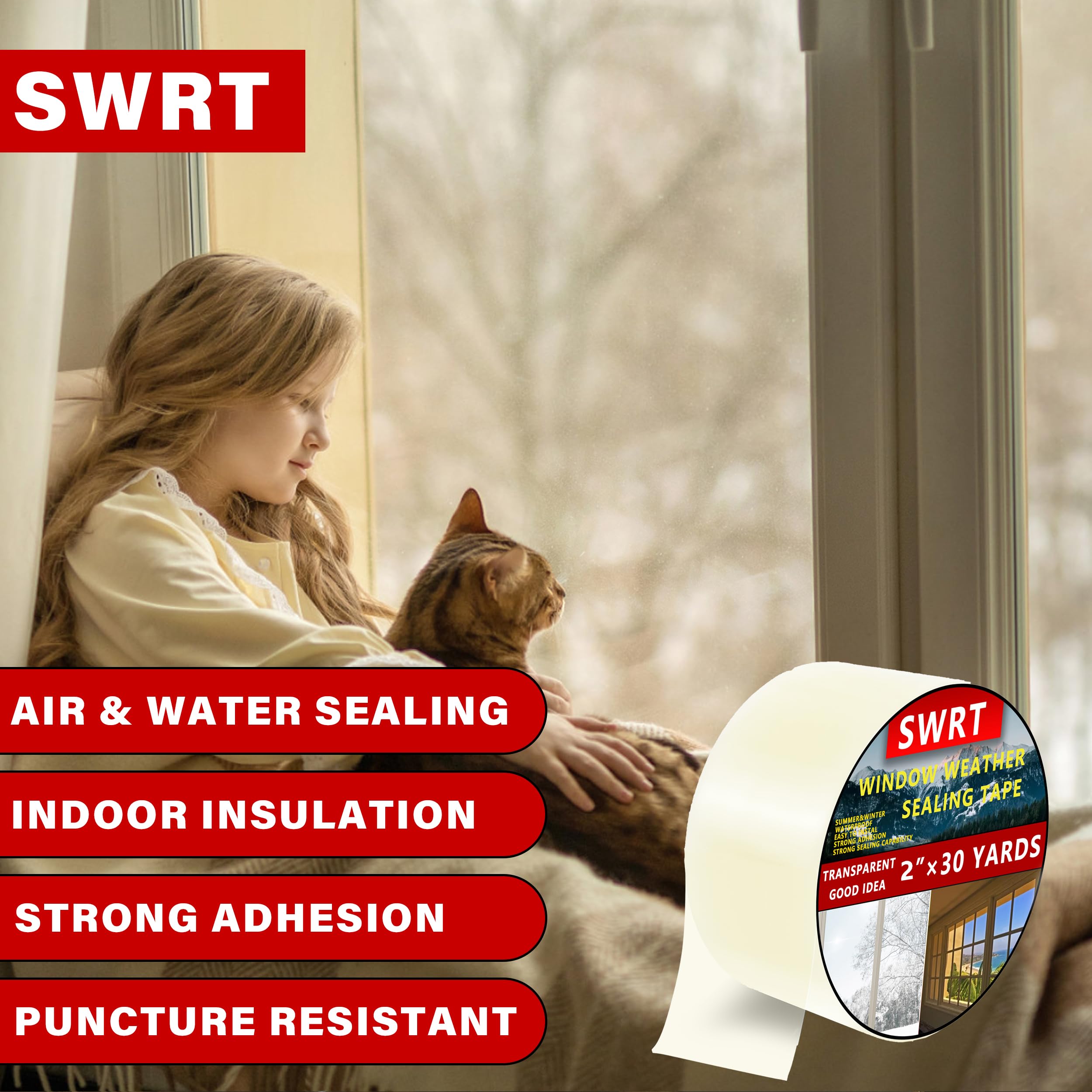 SWRT 2”x30yd/90ft Transparent Window Weather Sealing Tape, No Residue Window Insulation for Winter, Preventing Cold Air Loss in Summer Door and Window Seal Kit