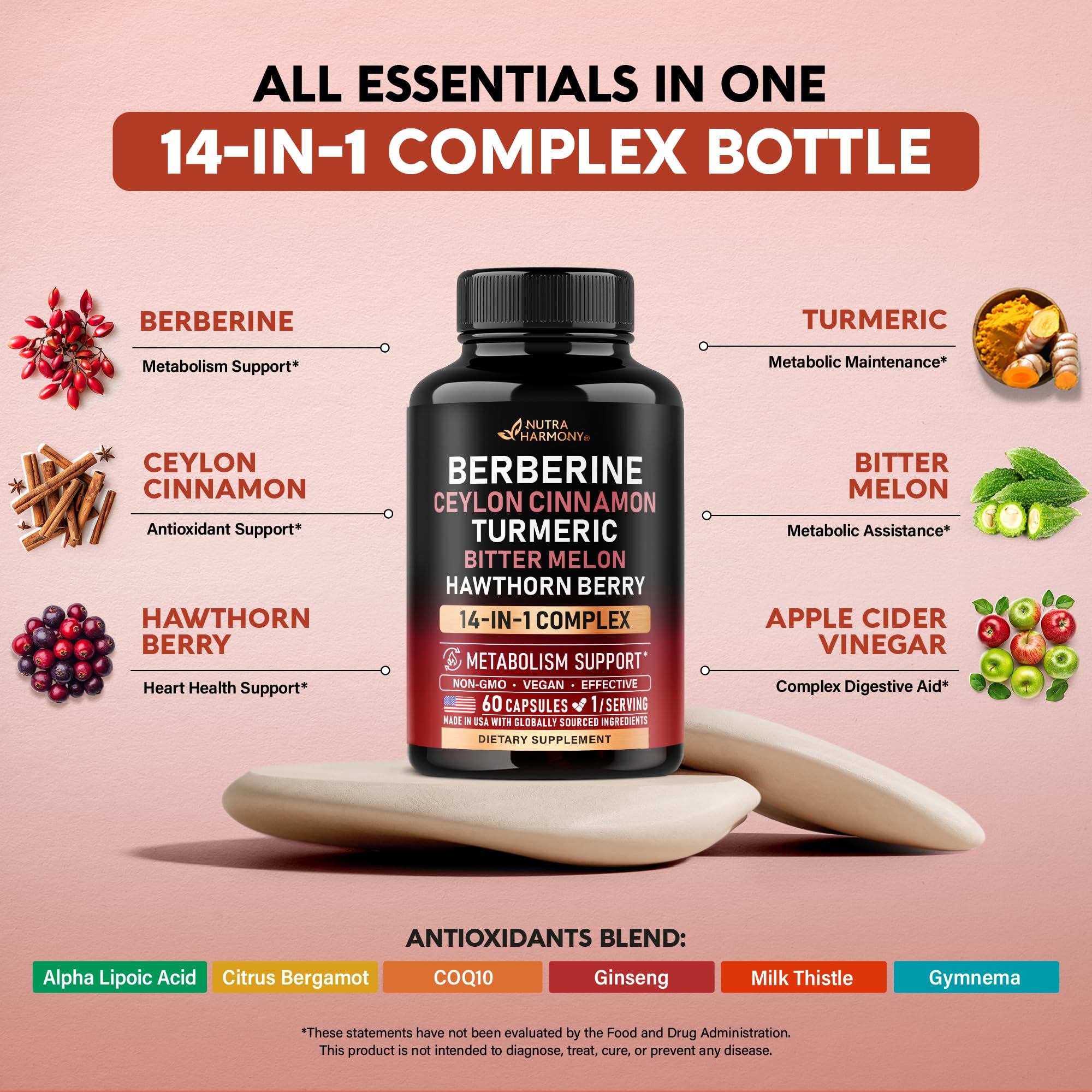 Berberine with Ceylon Cinnamon | Gymnema Extract | Apple Cider Vinegar | Hawthorn Berry | Citrus Bergamot | Bitter Melon - 14-in-1 Supplement for Heart Support, Metabolism & Energy - Vegan 60 Capsules