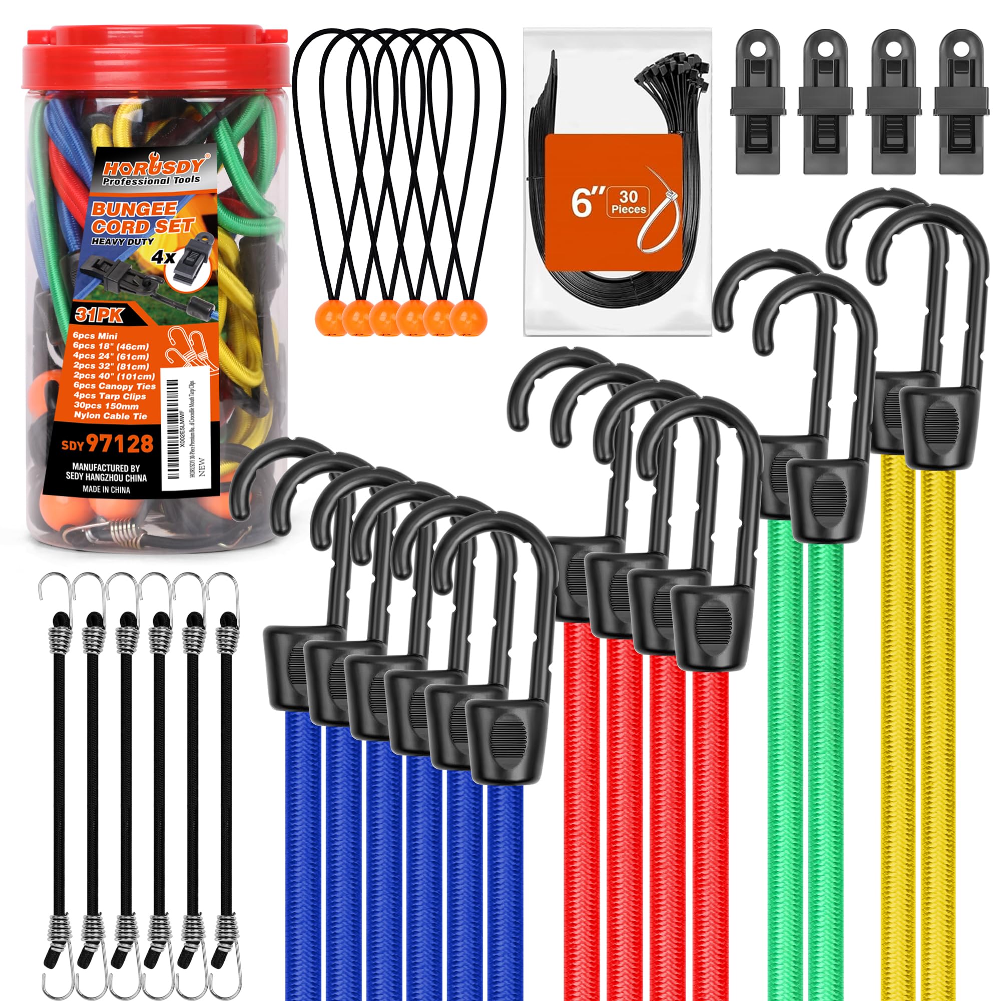 HORUSDY 31-teiliges Premium-Gummiseil-Sortiment im Behälter, inklusive 25 cm, 45 cm, 60 cm, 80 cm, 100 cm Gummiseilen, 15 cm Kabelbindern, 20 cm Planen- und Zeltgummis mit Kugel und Planenclips mit Krokodilmaul