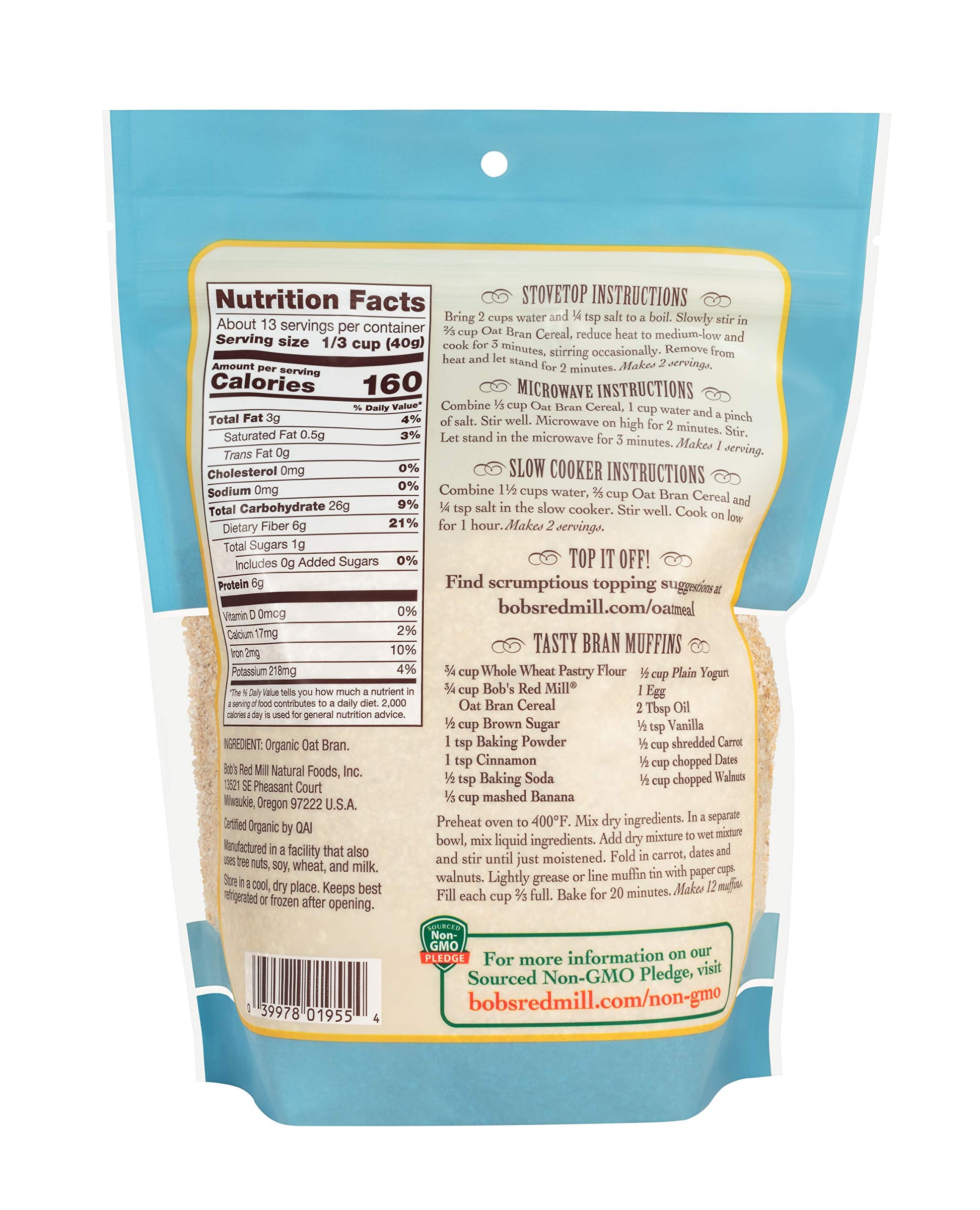 Bob's Red Mill Organic Oat Bran, 18oz (Pack of 4) - Non GMO, Vegan, Kosher