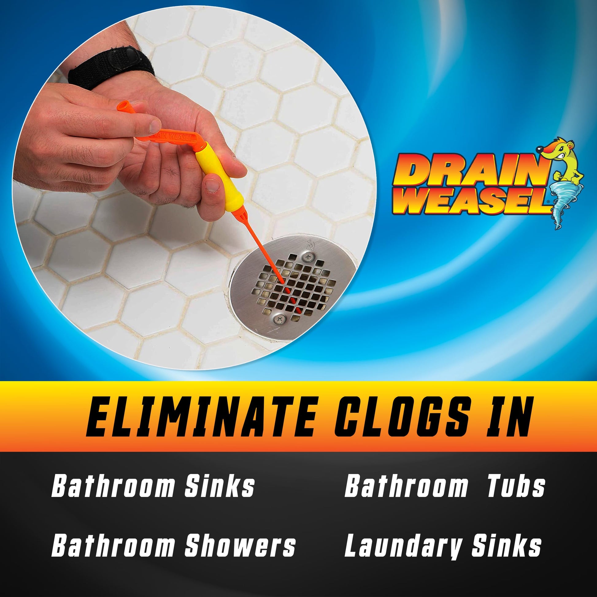 FlexiSnake Drain Weasel Sink Snake Hair Clog Remover Tool, Pipe, Bathroom, Bathtub Cleaner, 18-inch, Made in the USA, 5 Wands and Removable Handle