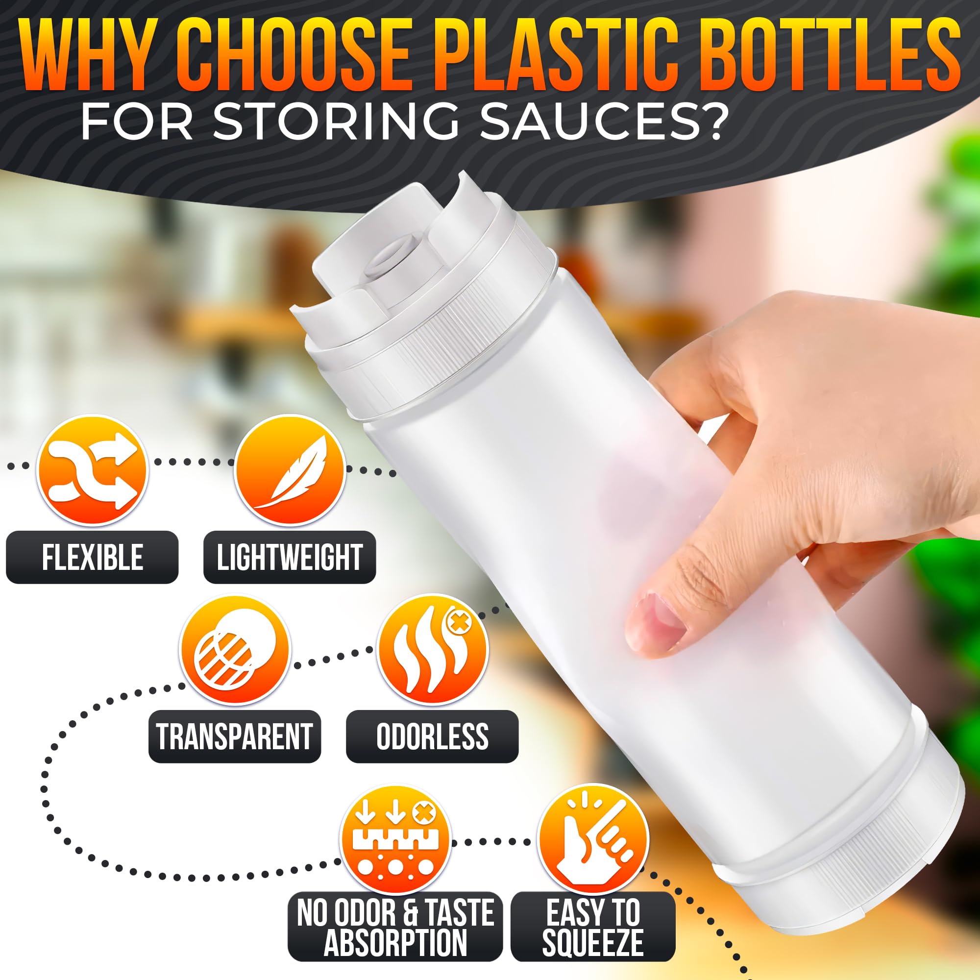 Set of 6 Condiment Squeeze Bottles for Sauces 16 oz – Easy-to-Fill Clear Bottles with Self-Closing Valve | Ready-to-Dispense for Dressings, Ketchup, Mustard & More, Durable, Reusable, Mess-Free Design