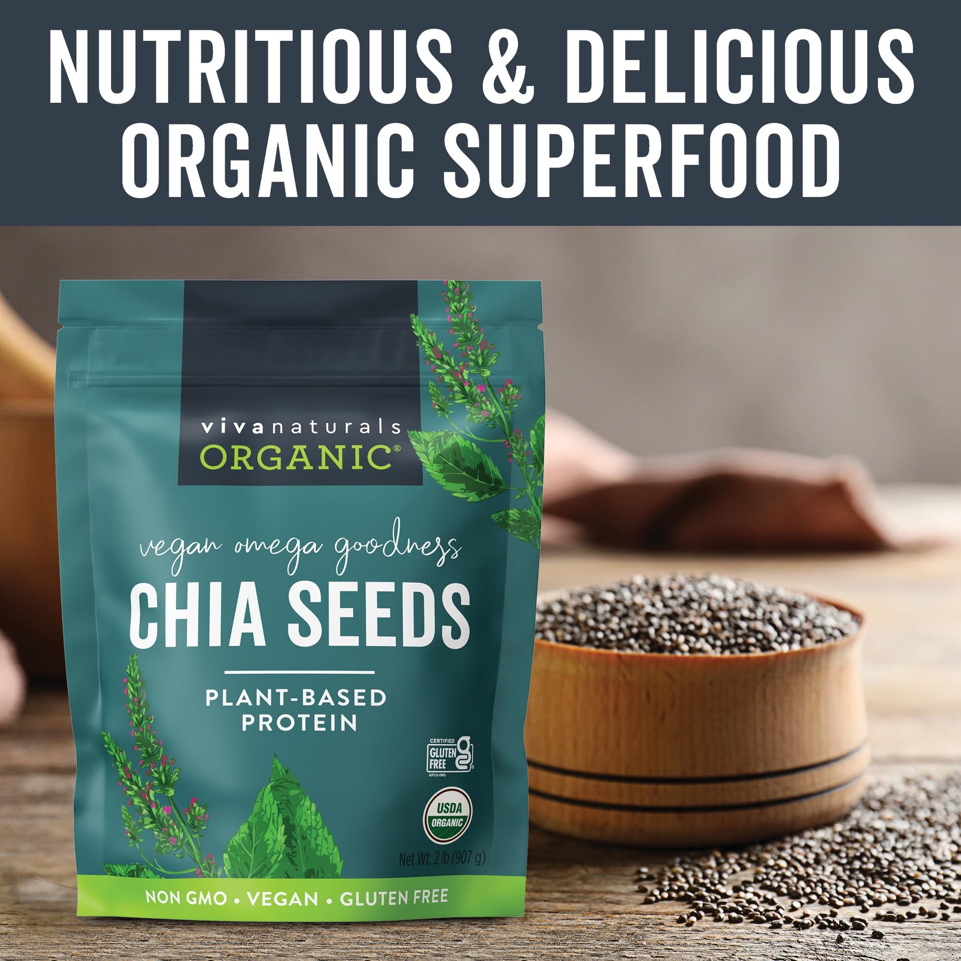 Viva Naturals Organic Chia Seeds 2 LBs - Plant-Based Omega-3 and Vegan Protein, Non-GMO Chia Seeds Organic Perfect for Smoothies, Salads and Chia Seed Pudding, Black Chia Seeds Bulk