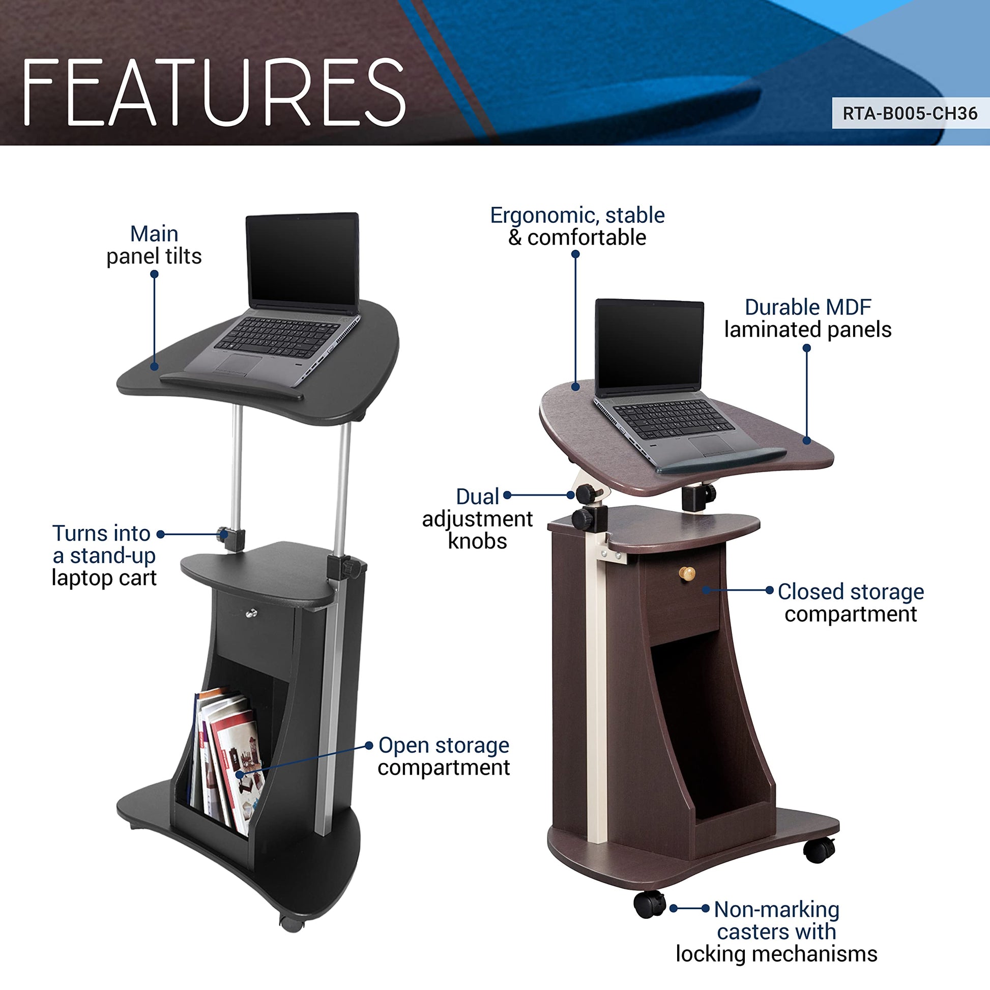 Techni Mobili Sit-to-Stand Rolling Adjustable Storage Medical Laptop Computer Cart, Chocolate, B005
