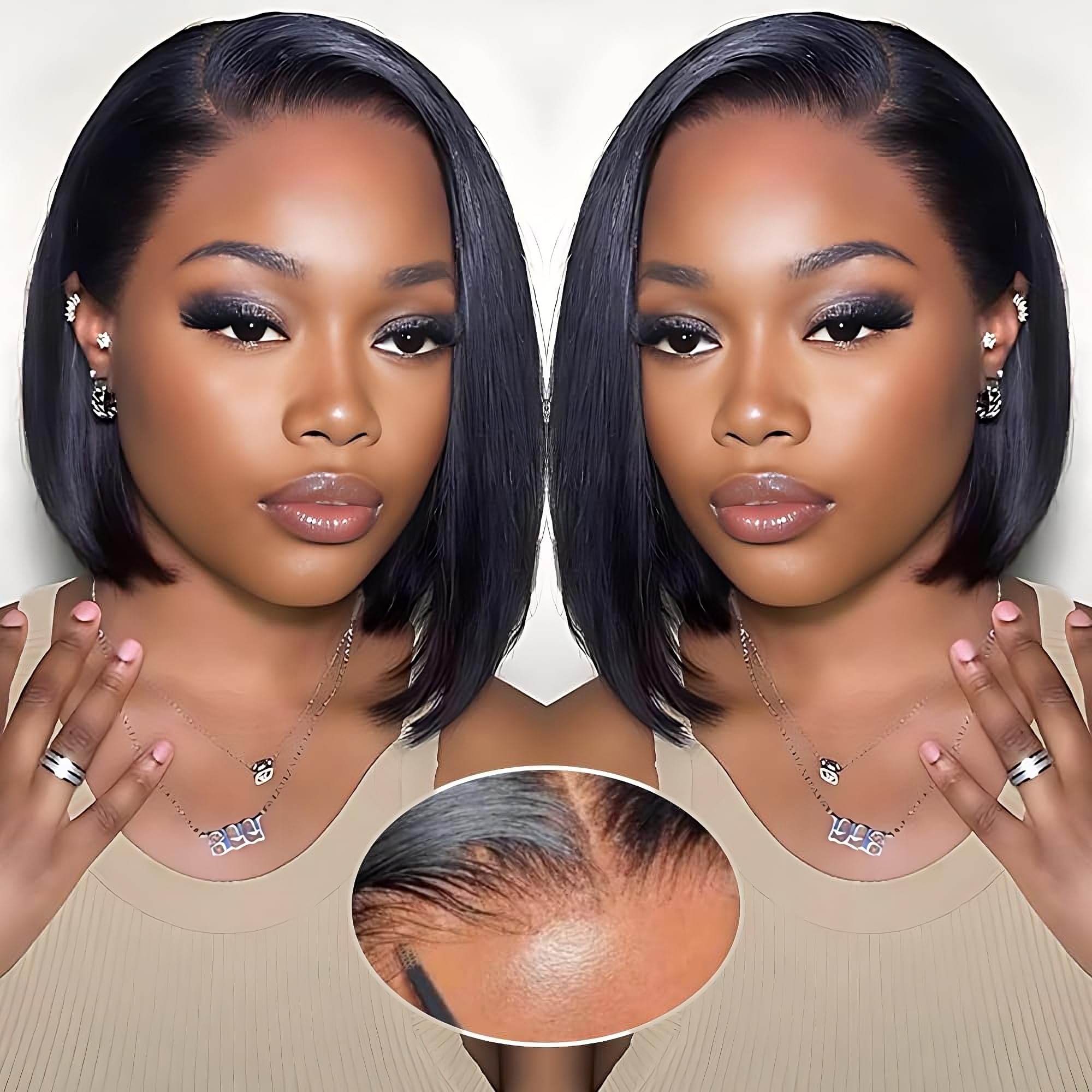 Wear and Go Glueless Bob Wig Echthaar, vorgezupft, vorgeschnitten, 180 % Dichte, 5x5 HD Transparent Lace Front Perücken Echthaar für schwarze Frauen, kurze, glatte Bob-Perücken, ohne Kleber, Lace Closure Perücken, 10 Zoll
