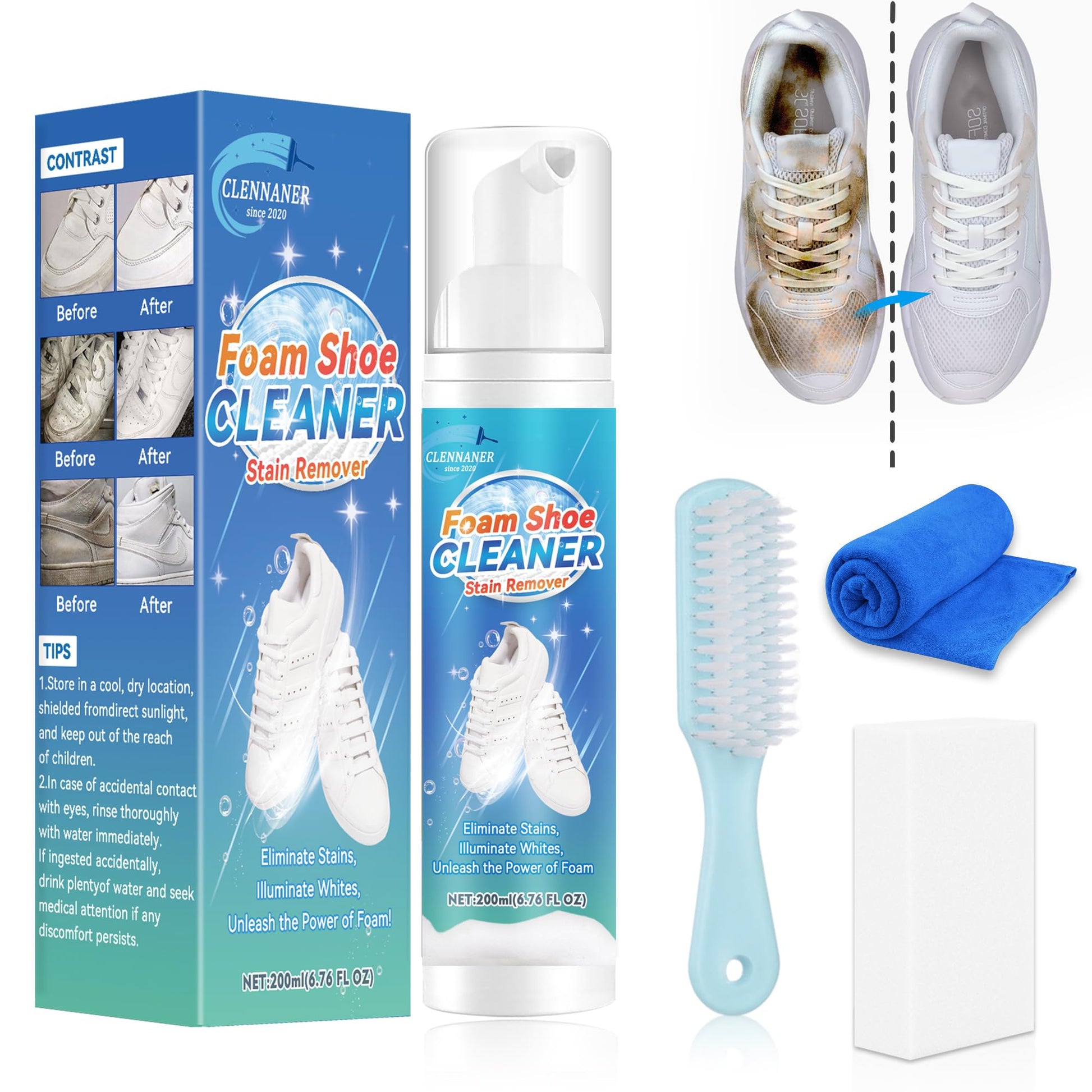 White Shoe Cleaner, 6.76 Oz Shoe Cleaning Kit Removes Dirt and Stain, Shoe Cleaner Sneakers Kit with Brush and Towel, Shoe Cleaner Work on White Shoes, Leather, Knit, Boots, Canvas, Suede, PU, Fabric.