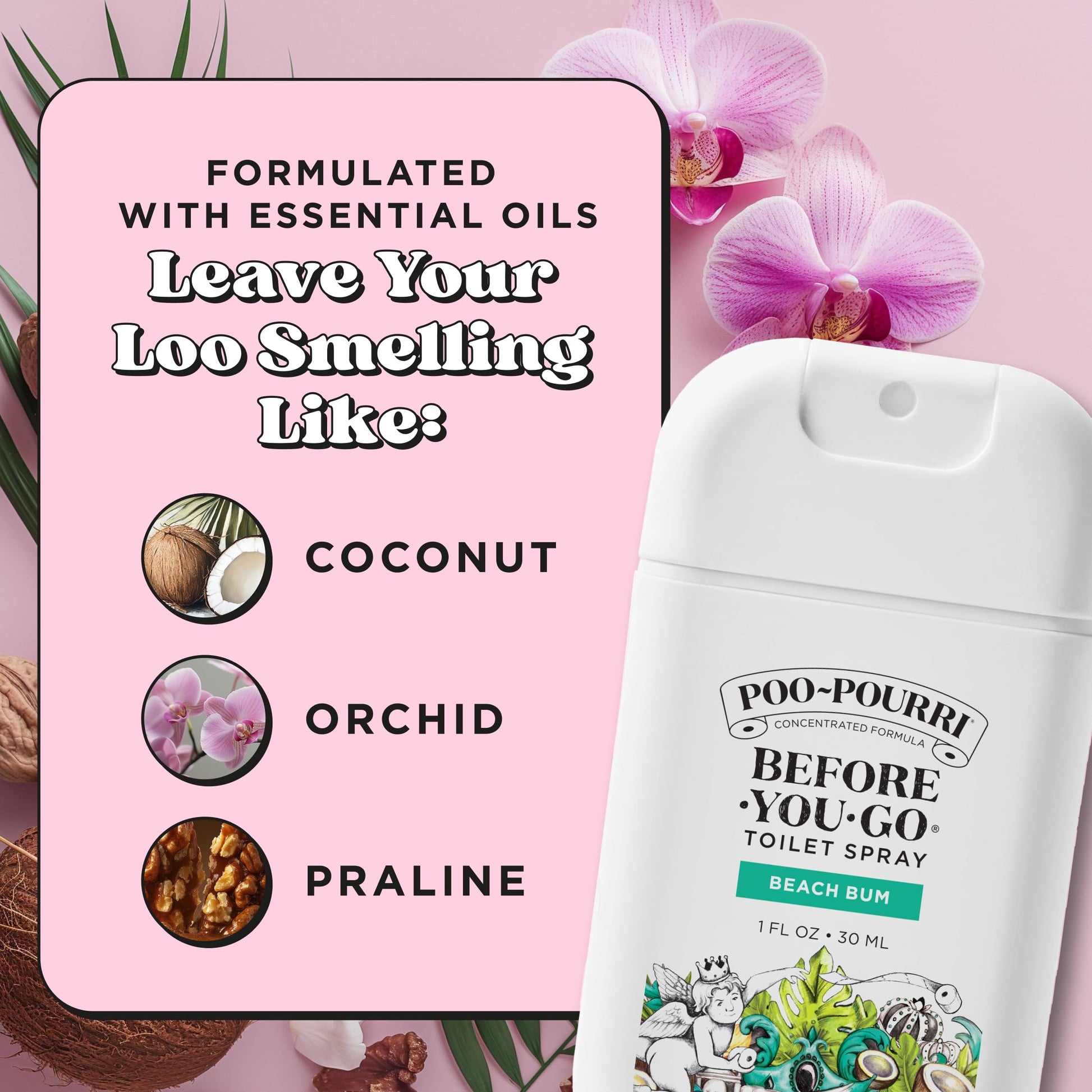 Poo-Pourri Before-You-Go Pocket Toilet Spray, Travel Essentials, Beach Bum, 1 Fl Oz, Up to 50 Uses, On-The-Go Bathroom Odor Deodorizer with Essential Oils, TSA Approved Size, Coconut Orchid Scent