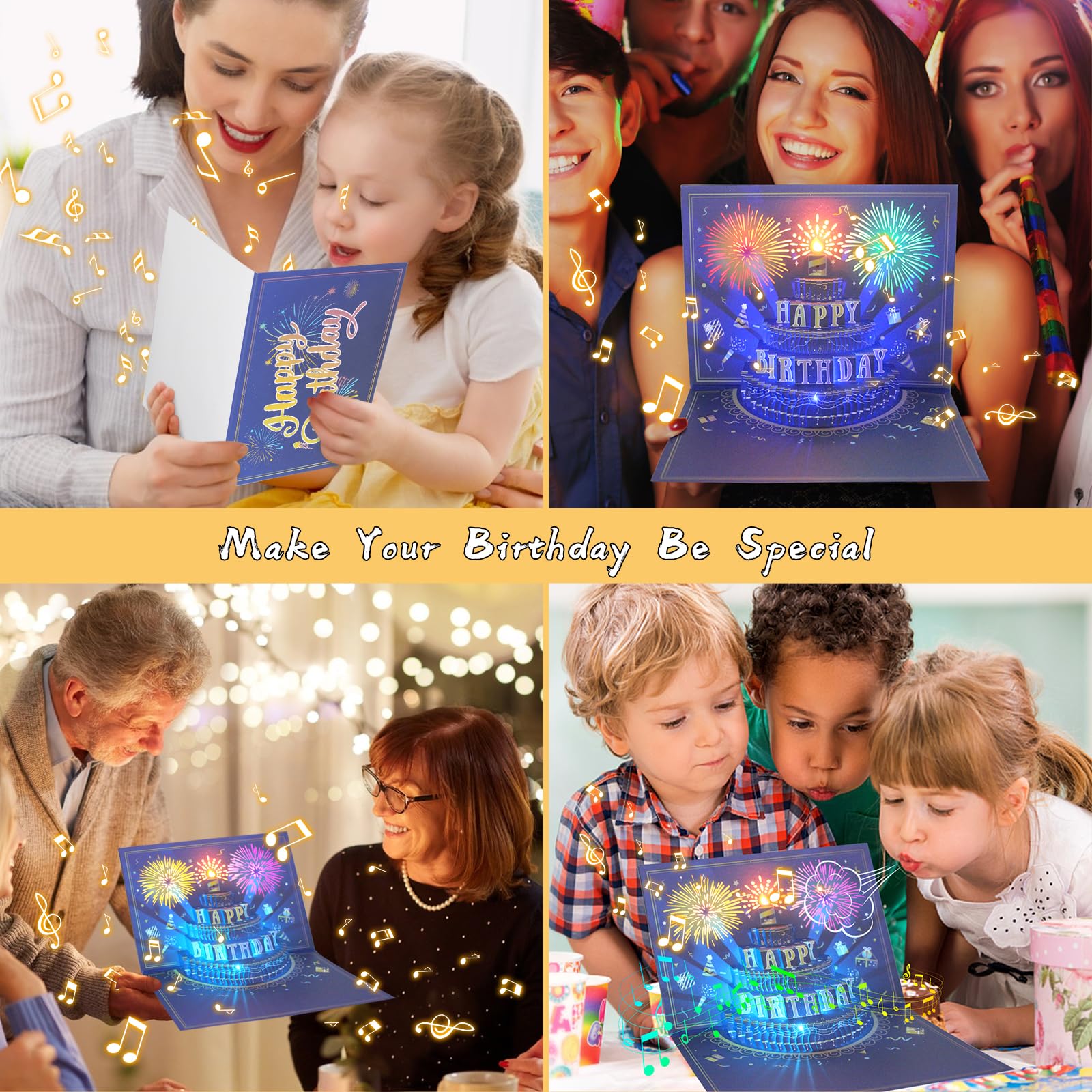 MZD8391 UPGRADED 3D Pop Up Firework Birthday Cards, Musical LED Lights Birthday Cards with Blowable Birthday Cake, Greeting Cards, Birthday Gifts for Mom Women Men Kids Child Dad Father Wife