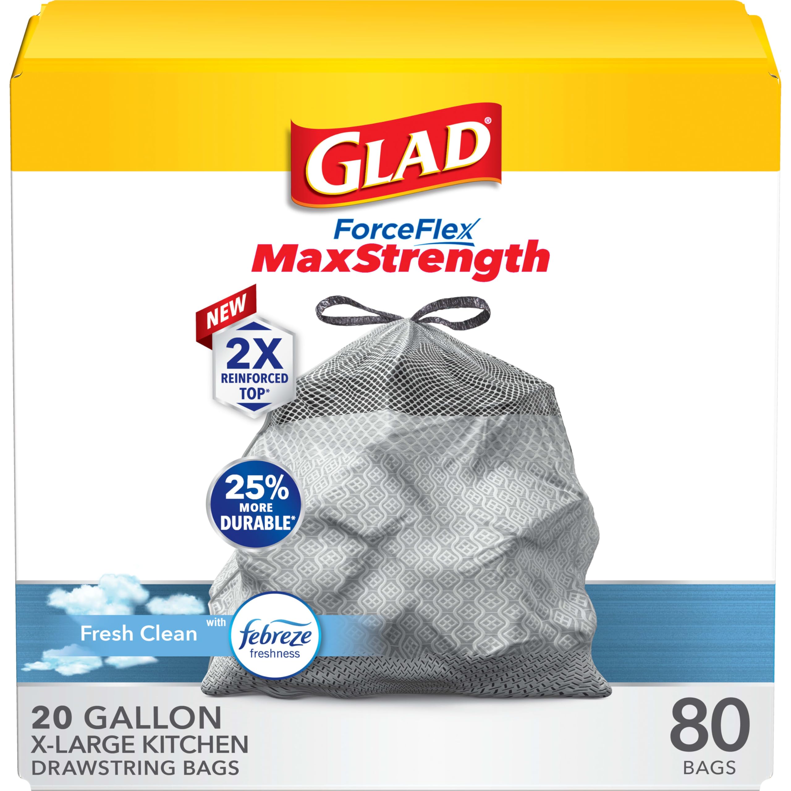 Glad ForceFlex MaxStrength Kitchen Trash Bags, 20 Gal, Fresh Clean Febreze, 80 Ct (Package May Vary)