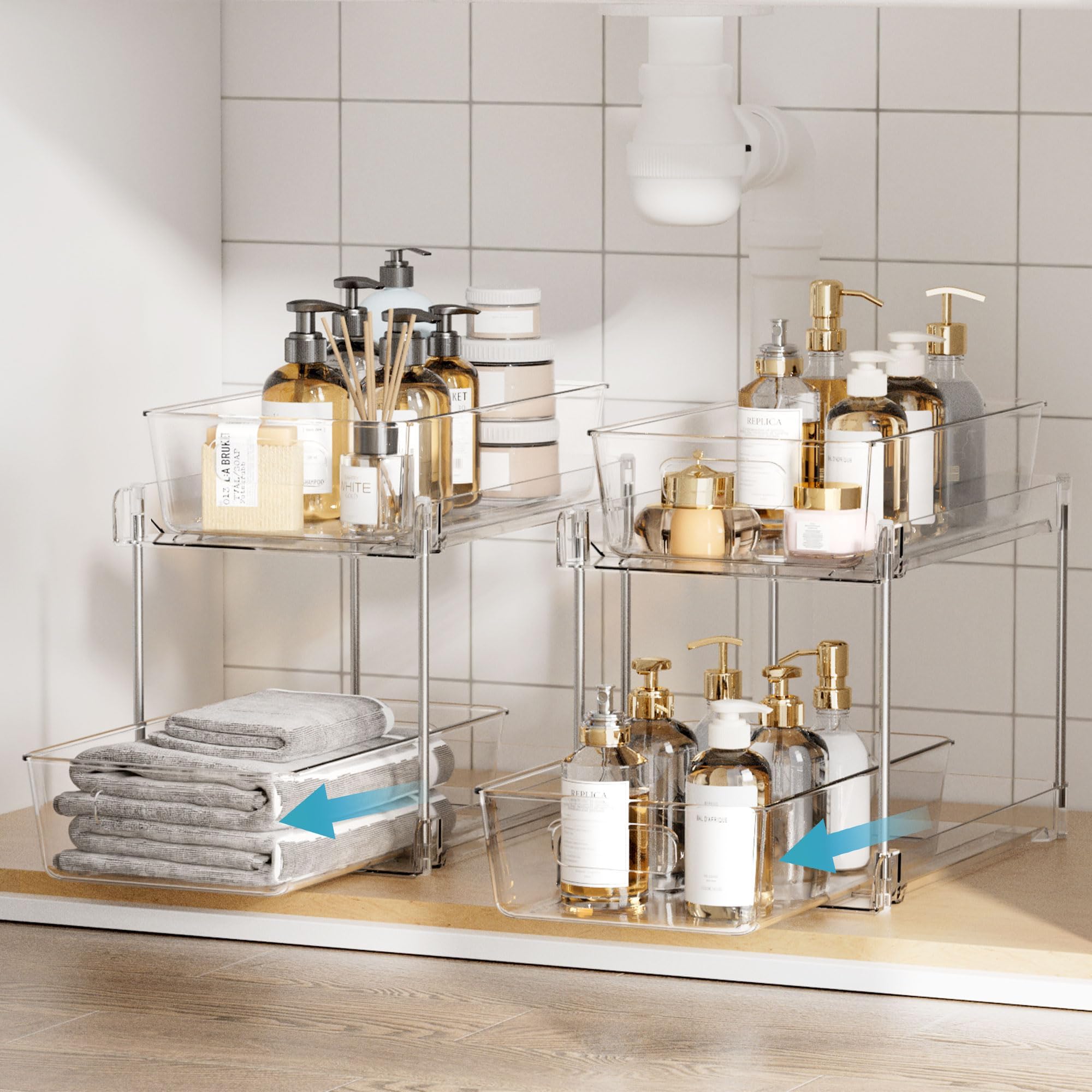 Vtopmart 4 Pack Bathroom Organizer, 2 Tier Clear Under Sink Organizers Vanity Countertop Storage Container,Cabinet Drawers Bins, Pull-Out Organization with Track for Pantry, Kitchen