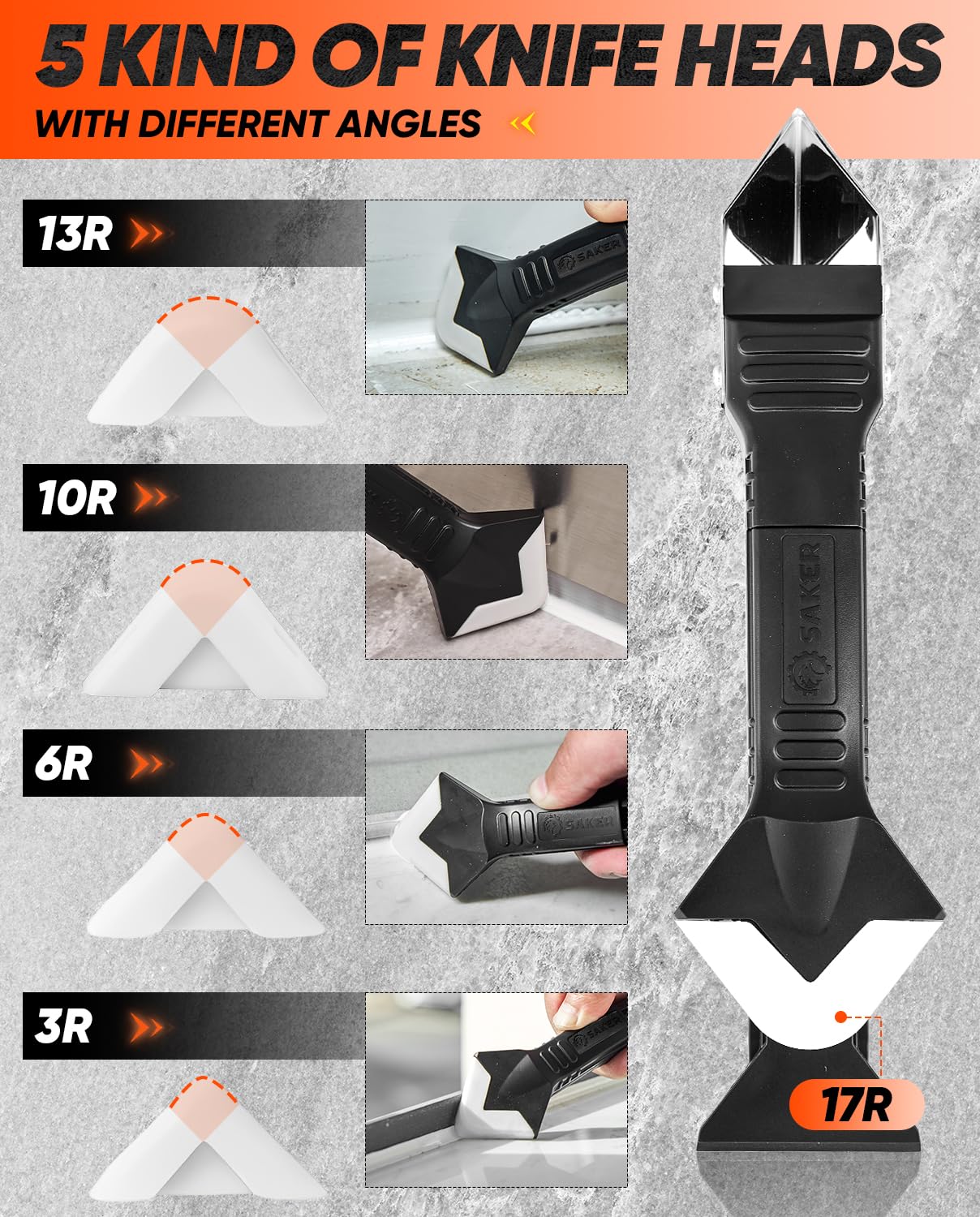 Saker Silicone Caulking Tools-3 in 1 Sealant Finishing Tool Grout Remove Scraper (Stainless Steelhead),Caulk Remover Glass Glue Angle Scraper for Bathroom,Kitchen,Floor,Window,Sink Joint,Frames Seal