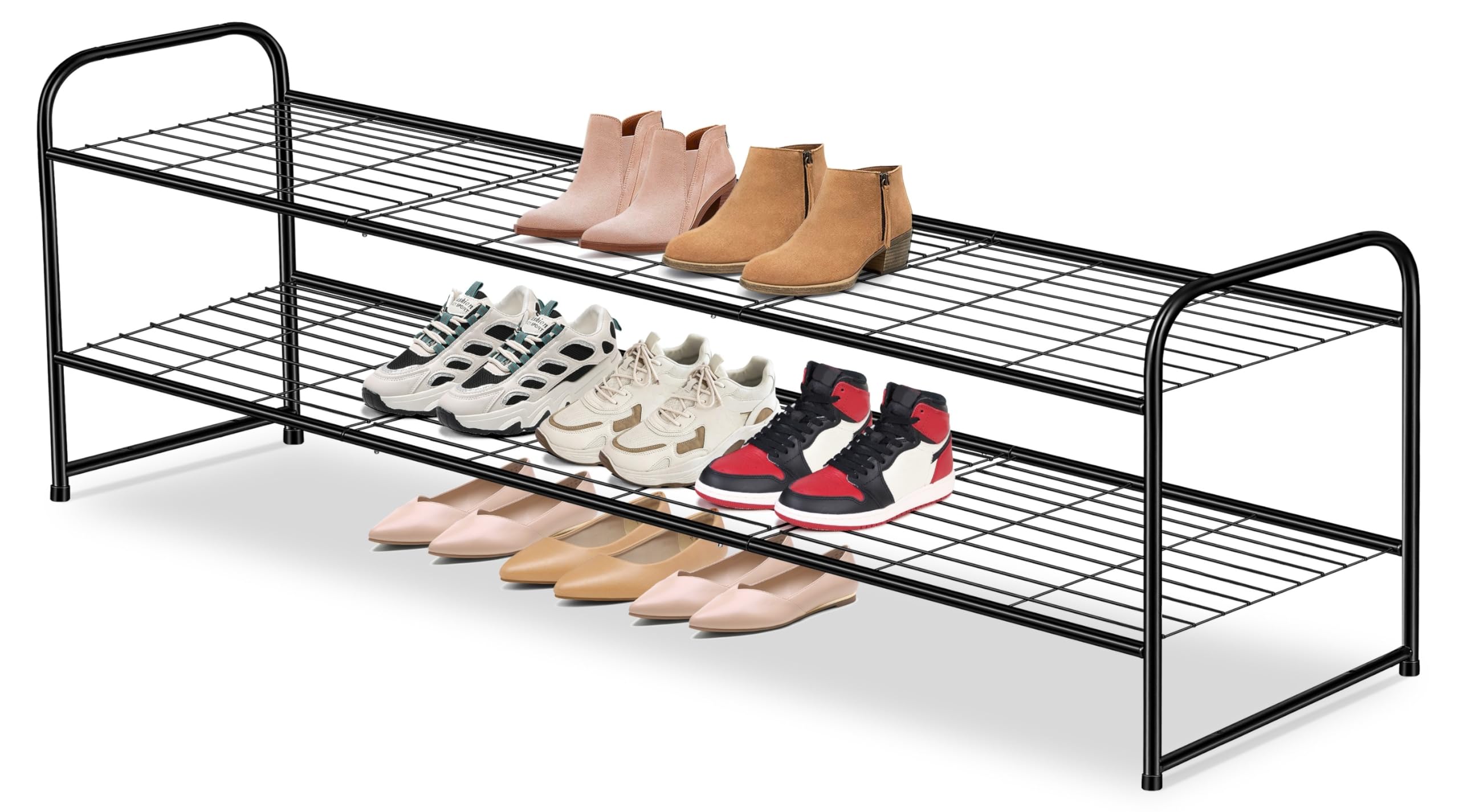 AOODA Long 2 Tier Shoe Rack for Closet Metal Wide Stackable Shoe Storage Organizer for Entryway, Bedroom, Floor, 18-Pairs Low Shoe Shelf, Black