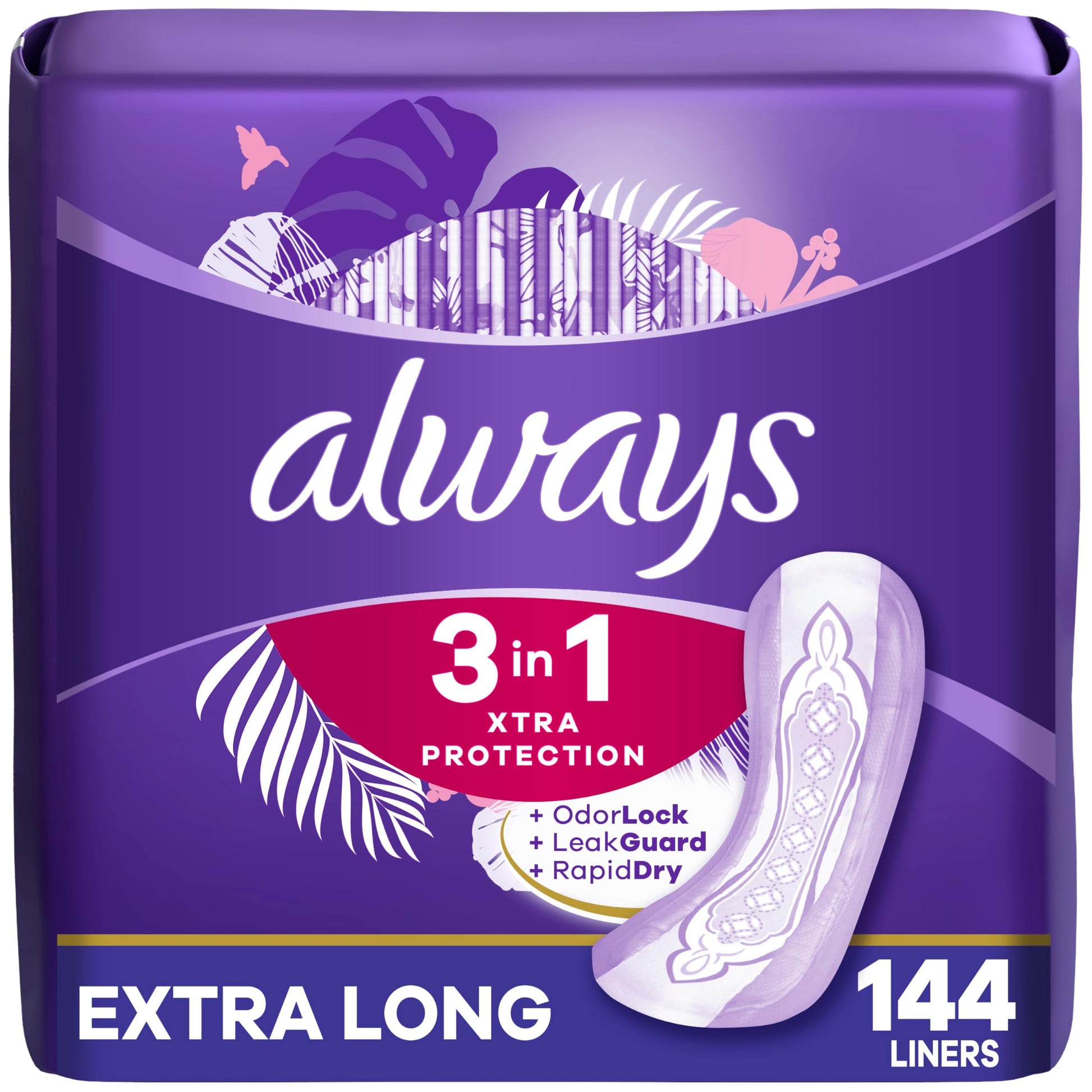 Always 3-in-1 Xtra Protection, Daily Liners for Women, Extra Long, with Leakguard + Rapid Dry, Deodorizing, 48 Count x 3 Packs (144 Count Total) (Packaging May Vary)