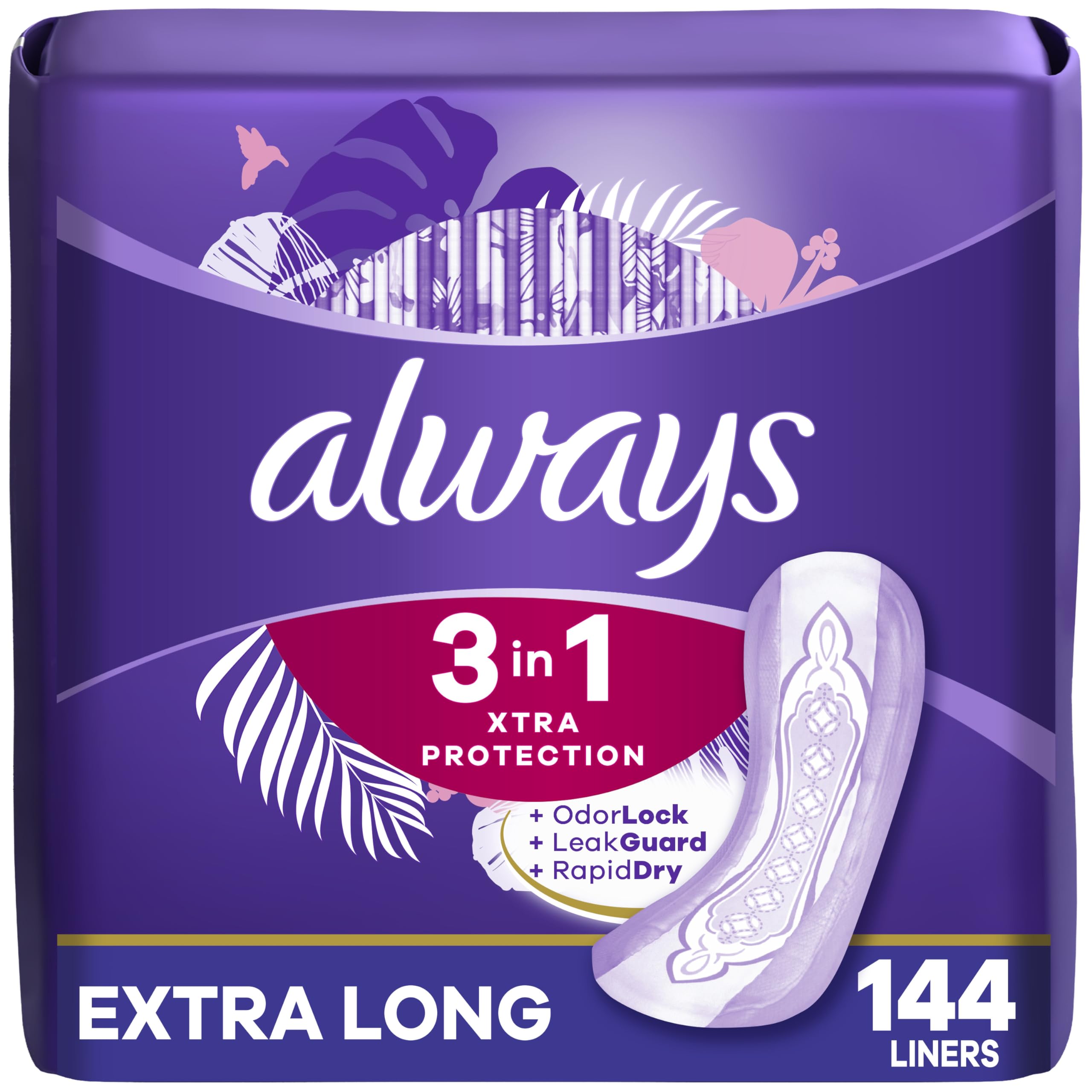 Always 3-in-1 Xtra Protection, Daily Liners for Women, Extra Long, with Leakguard + Rapid Dry, Deodorizing, 48 Count x 3 Packs (144 Count Total) (Packaging May Vary)