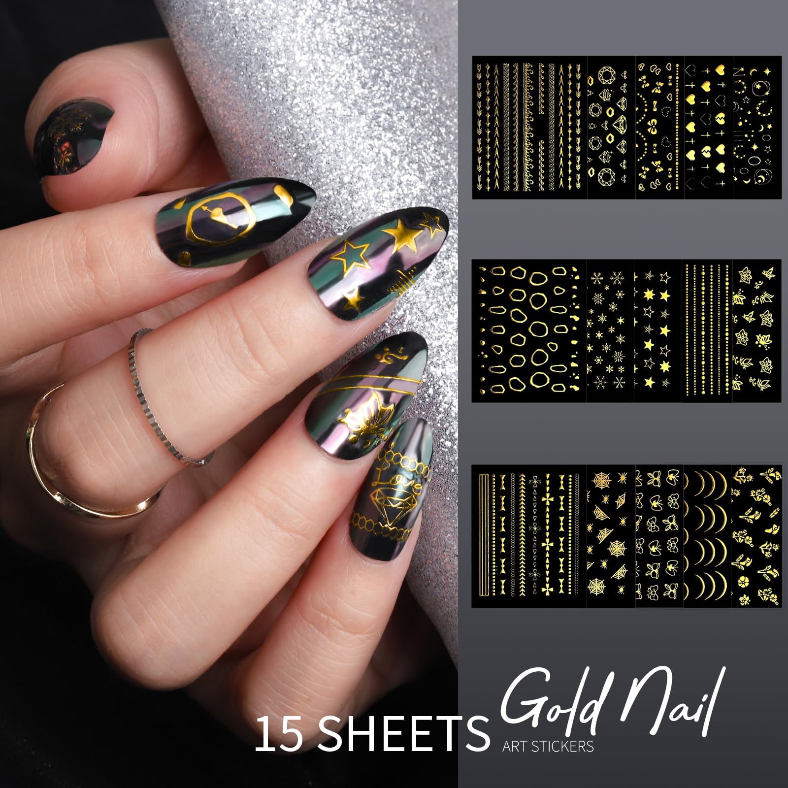 Teenitor Nail Charms Nail Art Kit with 15 Sheets Gold Nail Stickers, 6 Boxes of Nail Gems Nail Art Tools Nail Rhinestones for Nails, Nail Supplies 3D Nail Charms and Gems Nail Decals Nail Pearls