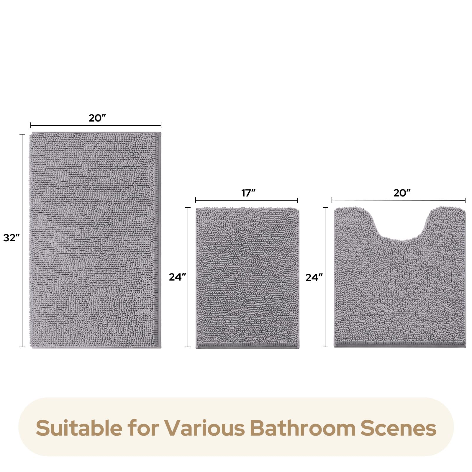 HOMEIDEAS 3 Pieces Bathroom Rugs, Ultra Soft Non Slip Absorbent Chenille Toilet Bath Mat Set (Grey)