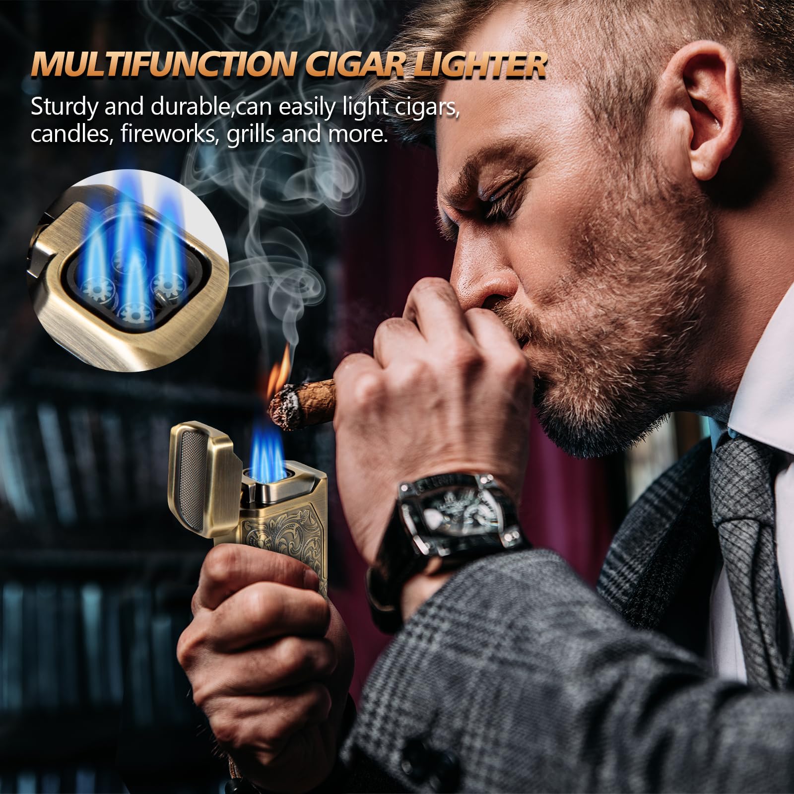 Cigar Lighter, 4 Jet Flame Torch Lighter, Refillable Butane Lighter with Cigar Cutter V Cut Cigar Punch Cigar Holder Cigar Draw Enhancer, Great Cigar Accessories Cool Lighters for Smoking in Gift Box