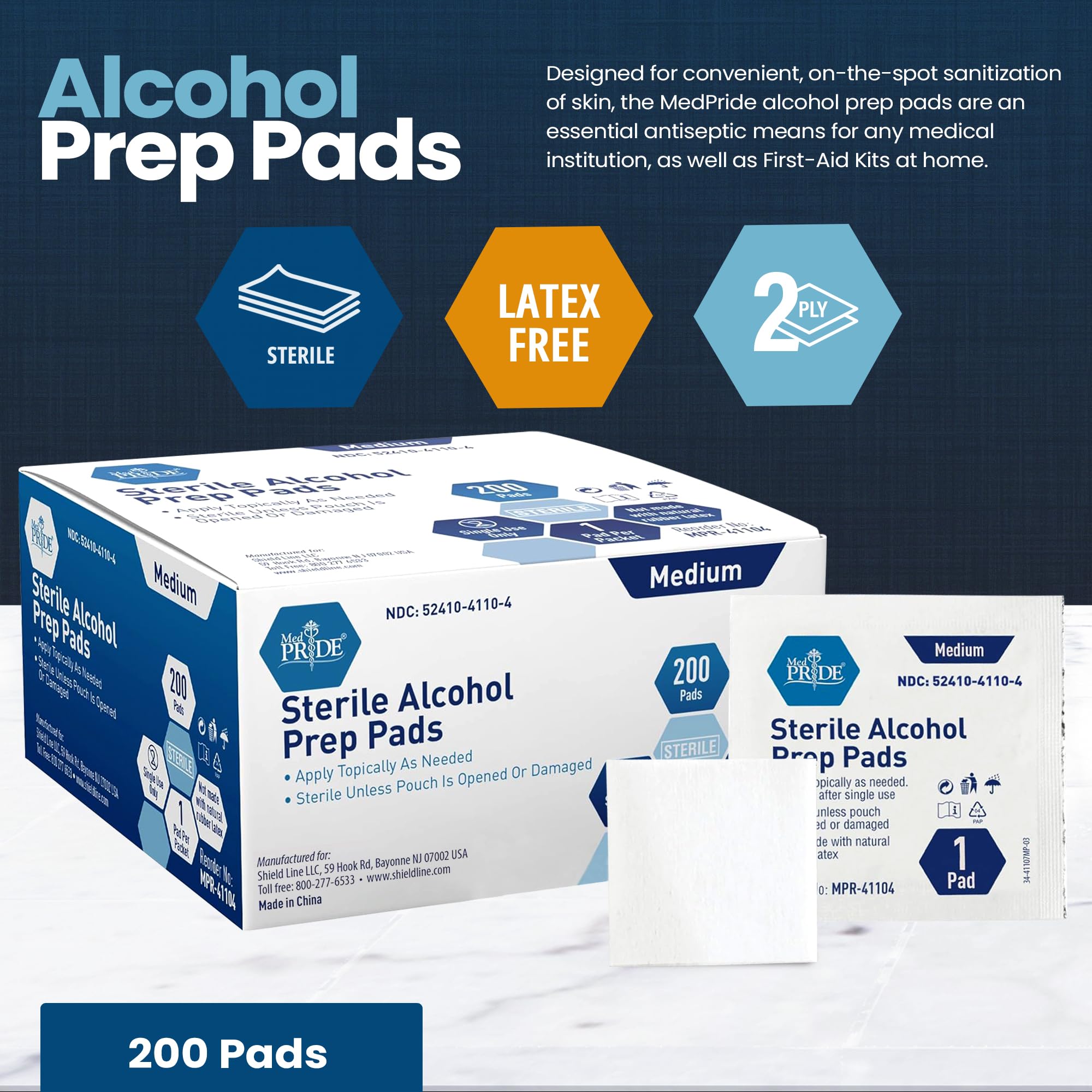 MED PRIDE Sterile Alcohol Prep Pads, Antiseptic, 70% Isopropyl, Individually Wrapped, Medical Grade 2 Ply Wipes (200 Count (Pack of 1) White)