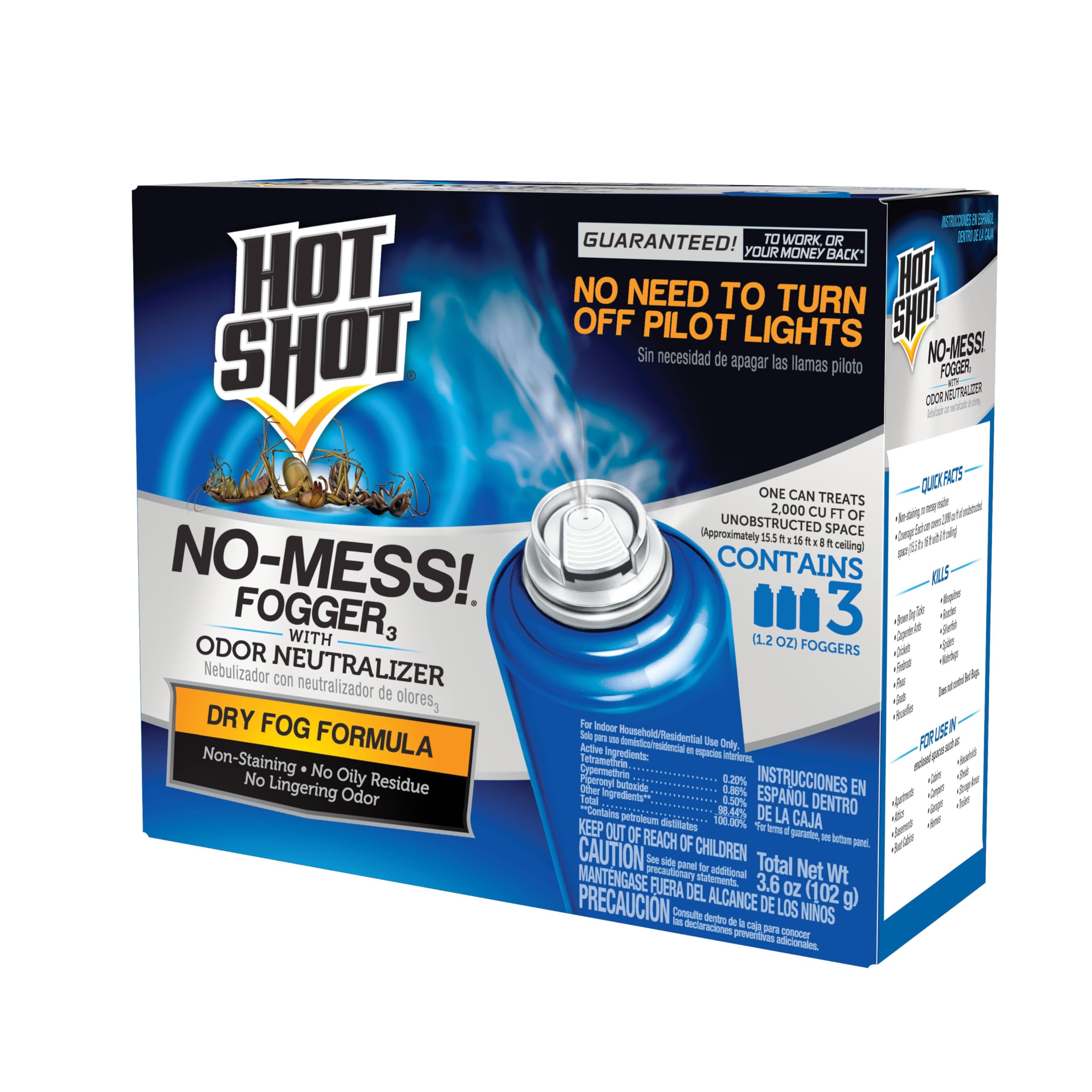 Hot Shot No-Mess! Vernebler mit Geruchsneutralisierer, 3 x 34 g Dosen, tötet versteckte Insekten, kein Ausschalten von Zündflammen nötig